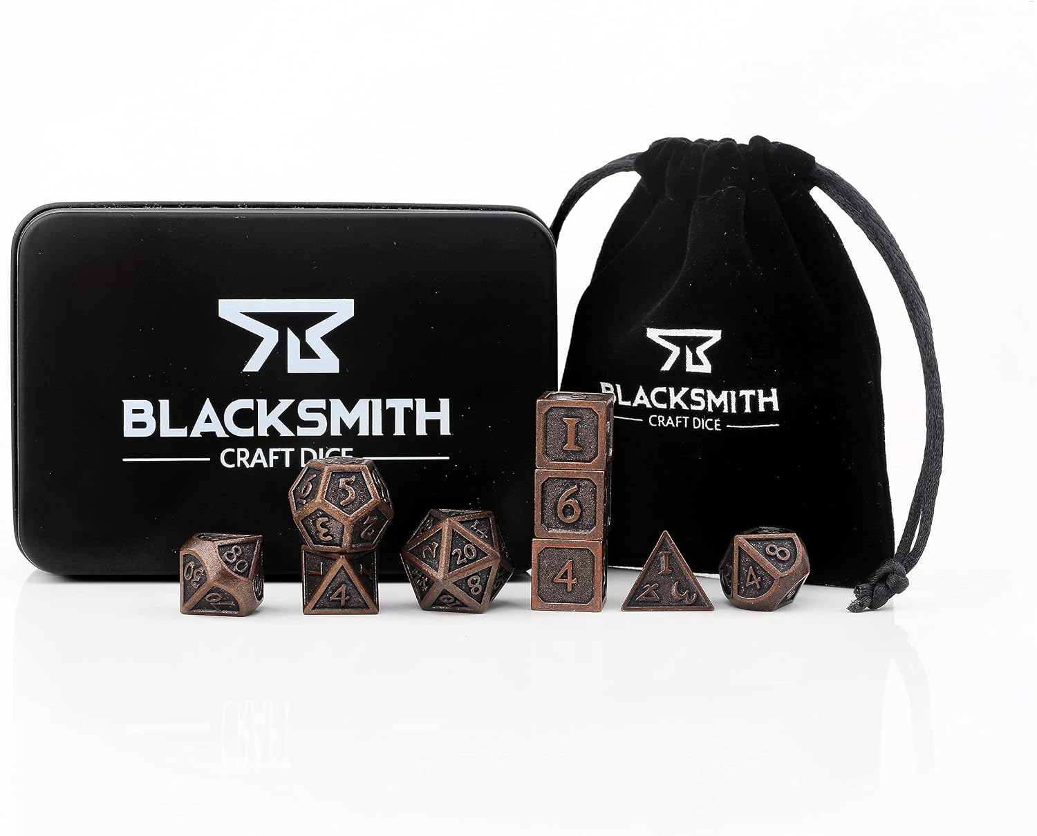 HEIMDALLR Metal D&D Dice Set 9 pcs - 2 Extra D6s, Metal Dice Box & Velvet Dice Bag; Metal DND Dice Set D&D (Dungeons and Dragons Dice Set) w D20 Dice - Blacksmith Craft Dice (Weathered Bronze)
