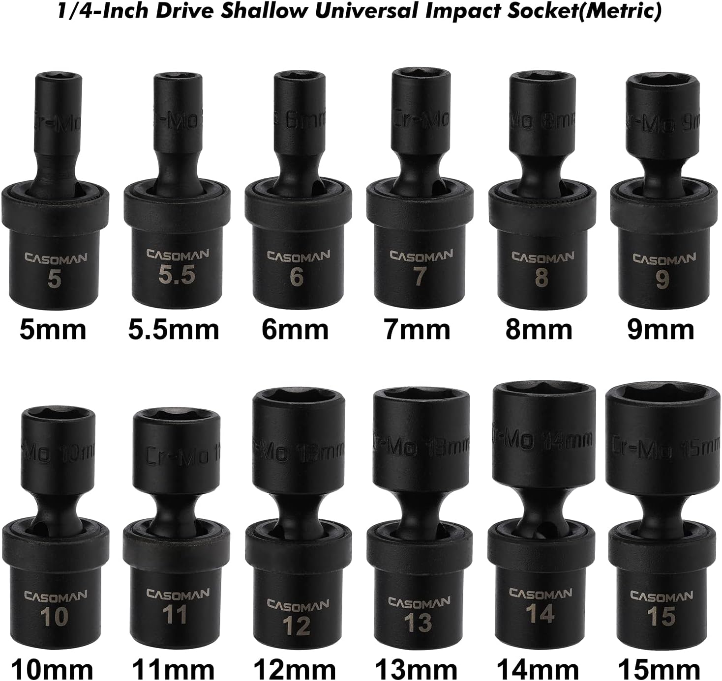 CASOMAN 1/4-Inch Drive Shallow Universal Impact Socket Set, Metric, 12 Pieces Set, 5mm to 15mm, 6-Point, Cr-Mo, Swivel Socket