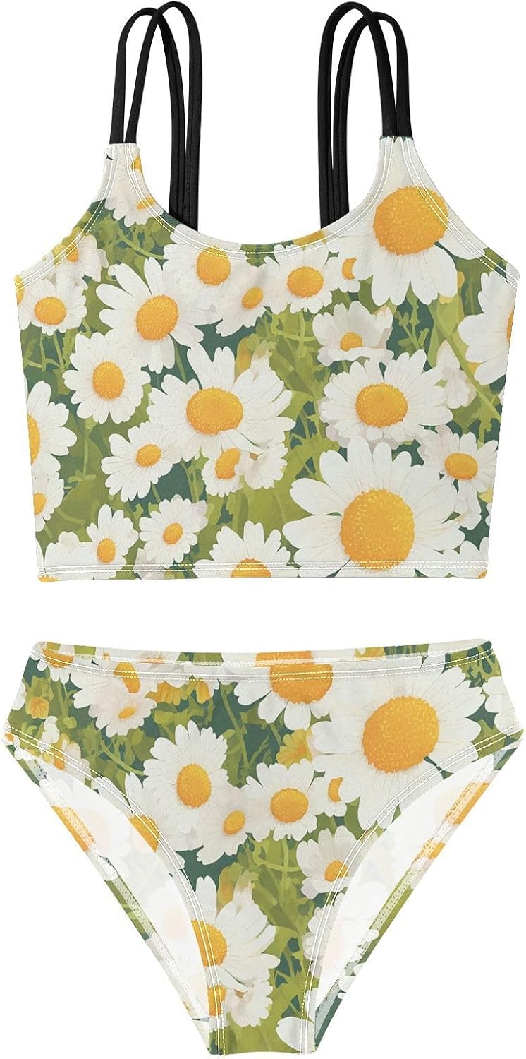 visesunny Girls Two Piece Swimsuits Chamomile Flower Pattern Girl's Bikini Sets Bathing Suits for Girls Size 5-12Y