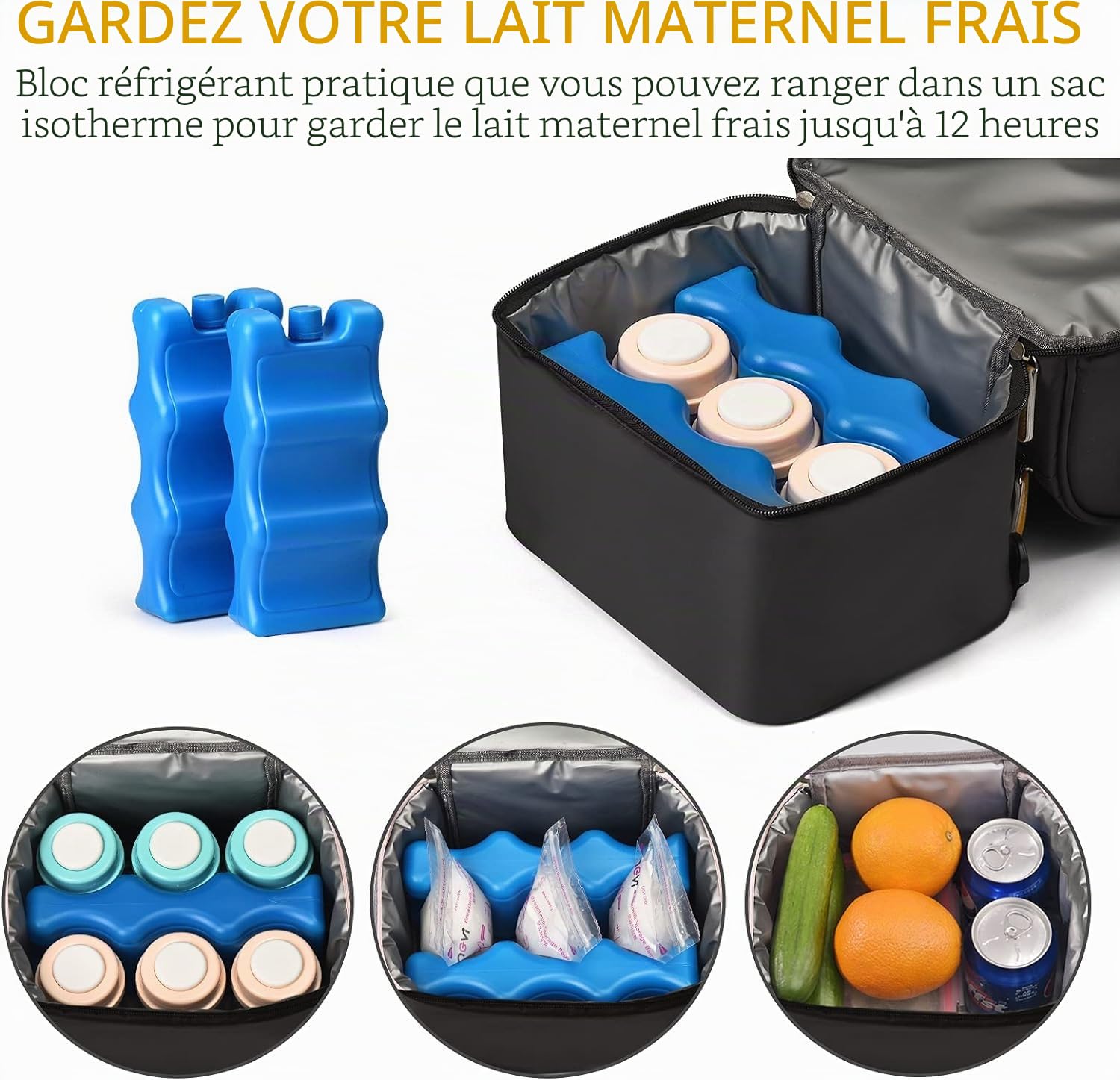 AIFUSI Sac Isotherme Double Couche pour Lait Maternel avec Poche de Glace, Sac à Dos Fraîcheur pour Biberons, Sac Isotherme Étanche pour Le Transport du Lait Maternel (Noir)