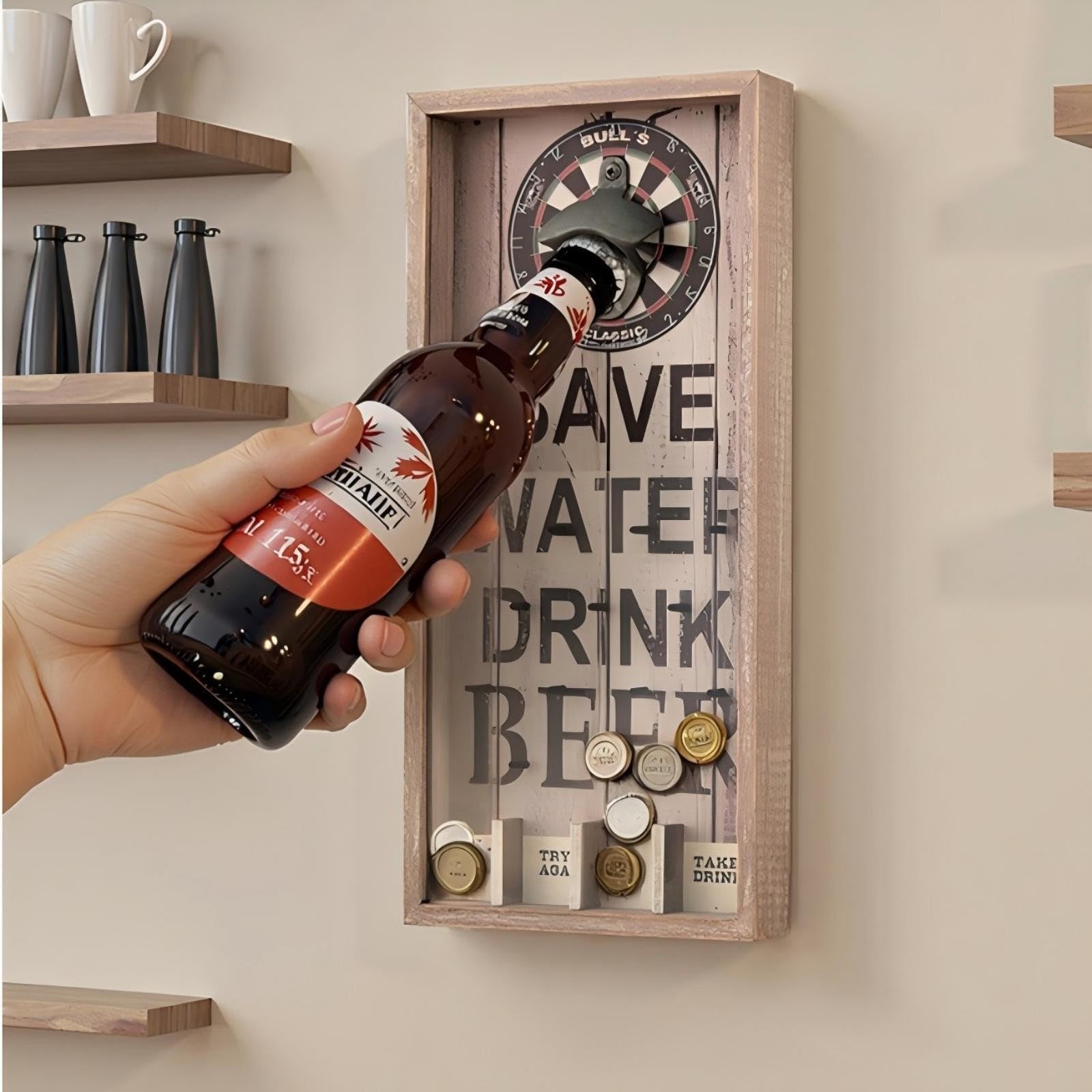 Vintage Wandflaschenöffner mit Kronkorken Sammler – Wandmontierter Flaschenöffner aus Holz & Metall, Retro Bier Flaschenöffner mit Auffangbehälter für Hausbar Küche Garage Männerhöhle