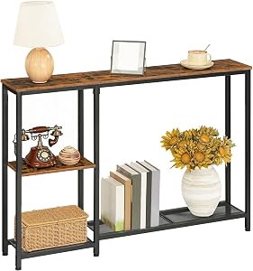 HOOBRO Narrow Console Table, 44.9" Behind Sofa Table with Shelves, Slim Couch Table with Storage, Entryway Display Shelf, for Living Room, Foyer, Hallway, Rustic Brown and Black BF86XG01