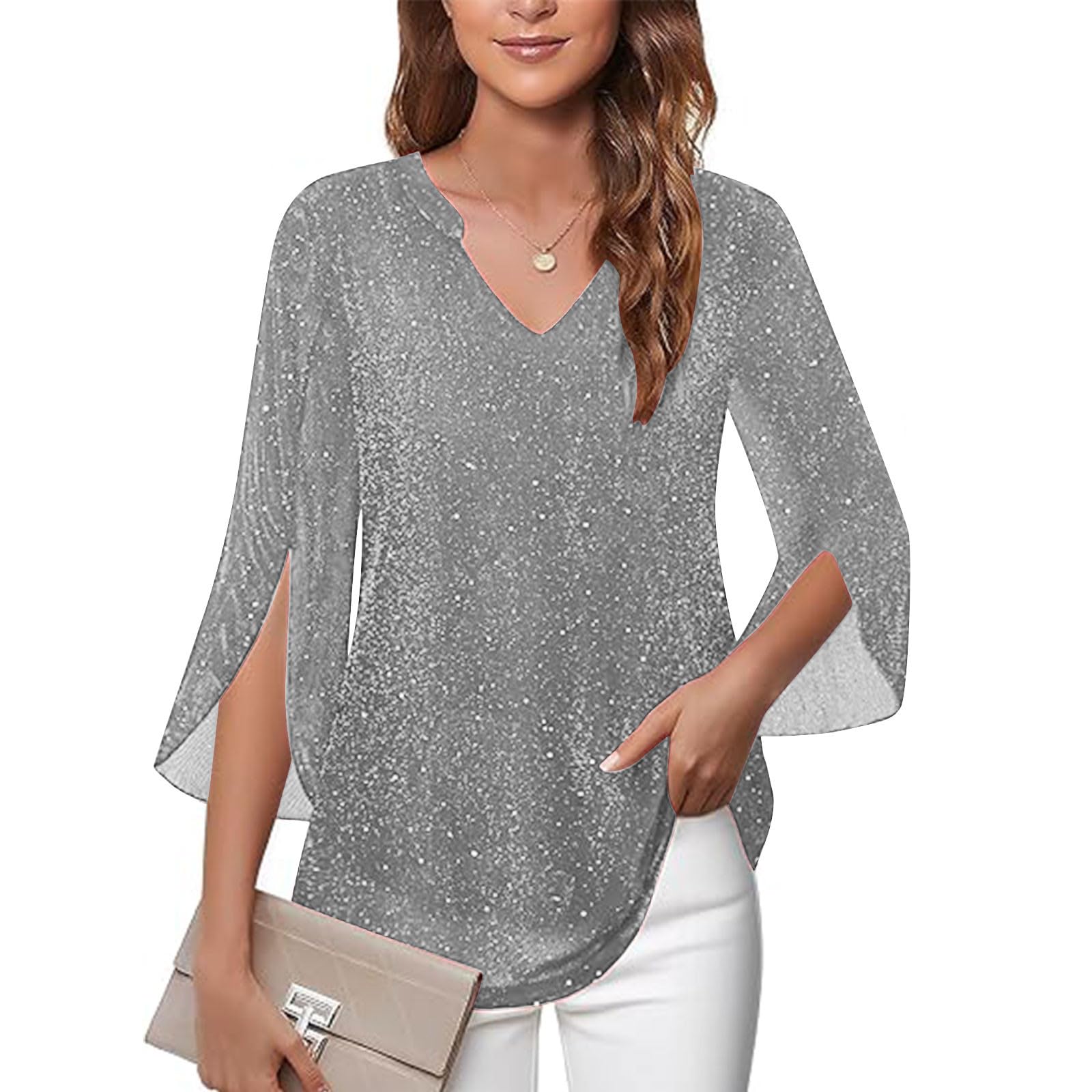 Ybing Camicette e tuniche da donna eleganti con glitter a 3/4, maniche a 3/4, con paillettes scollo a V, camicetta Y2K, tunica festiva, leggera, per feste, maglietta sottile con glitter