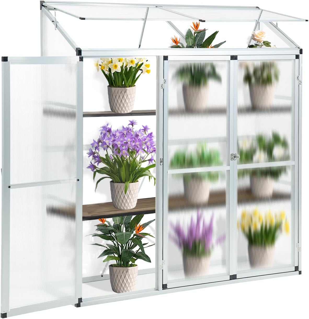 Polycarbonate Greenhouse Walk-in Green House Kit Garden Plants Grow,Aluminum Lean to Greenhouse Small Tomato Grower 3 Doors 190x52x182 cm Silver Ideal for Urban Gardening Space Saving & Easy