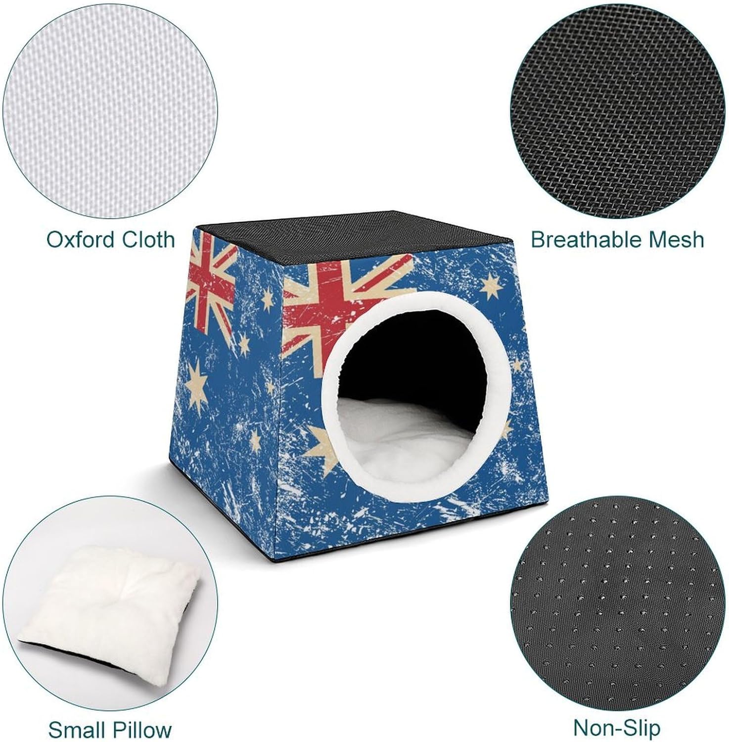 Retro Australia Flag Cat House for Indoor with Spacious Cat Nest