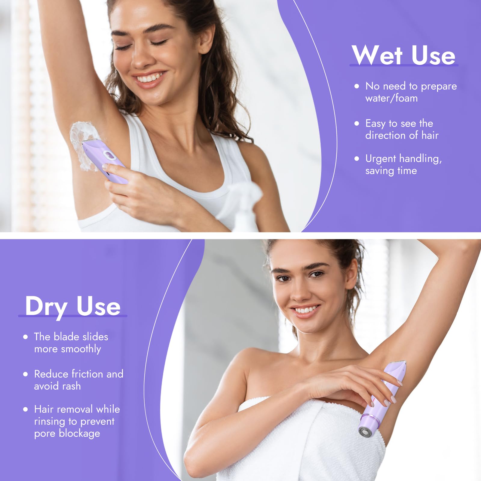 Rasoio Elettrico Donna 2 in 1, Ricaricabile Epilatore Elettrico Donna, IPX7 Impermeabile, Depilazione Indolore Rasoio per Corpo Ascelle Gambe Bikini, Uso Bagnato e Asciutto