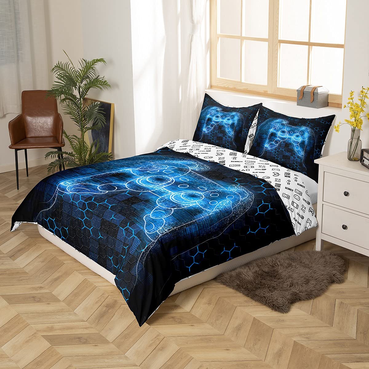 Ensembles De Literie Gamer 140x200 Pour Garçons,Housse De Couette Gaming Enfants Housse Couette Jeux Vidéo,Parure De Lit Manette De Jeu Géométrique Nid D'Abeille Pour La Chambre Des Adolescents