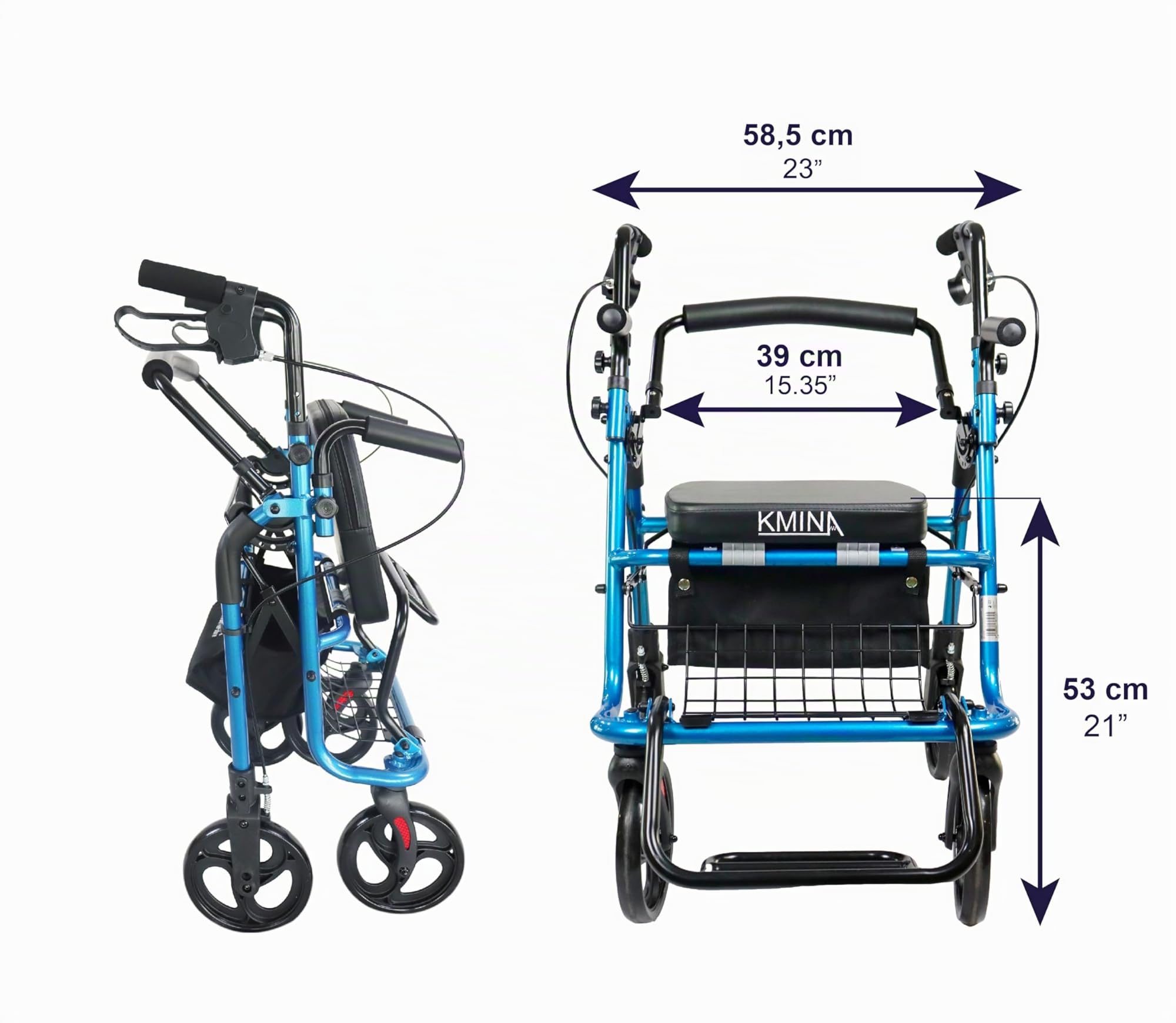 KMINA Andador Silla Plegable 2 en 1 con Cesta y Frenos de Maneta, Asiento Acolchado, Altura Regulable, Azul