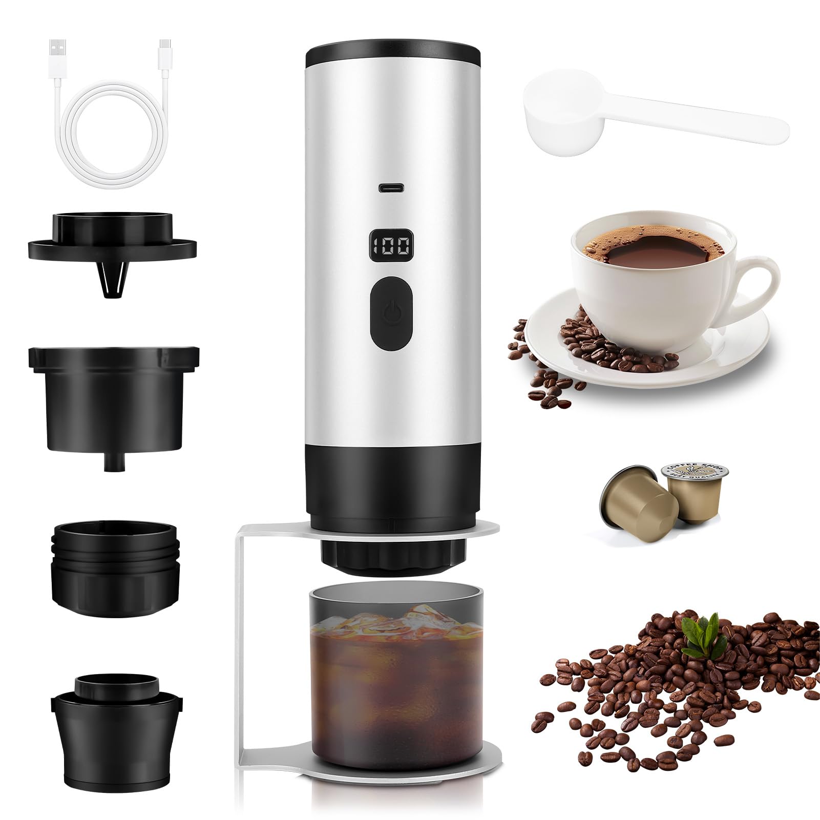 Cafetera eléctrica portátil de cápsulas con autocalentamiento y Pantalla, Recargable, 7800 mAh, Compatible con cápsulas Dolce Gustos y café molido, Ideal para Viajes, Oficina y Hog