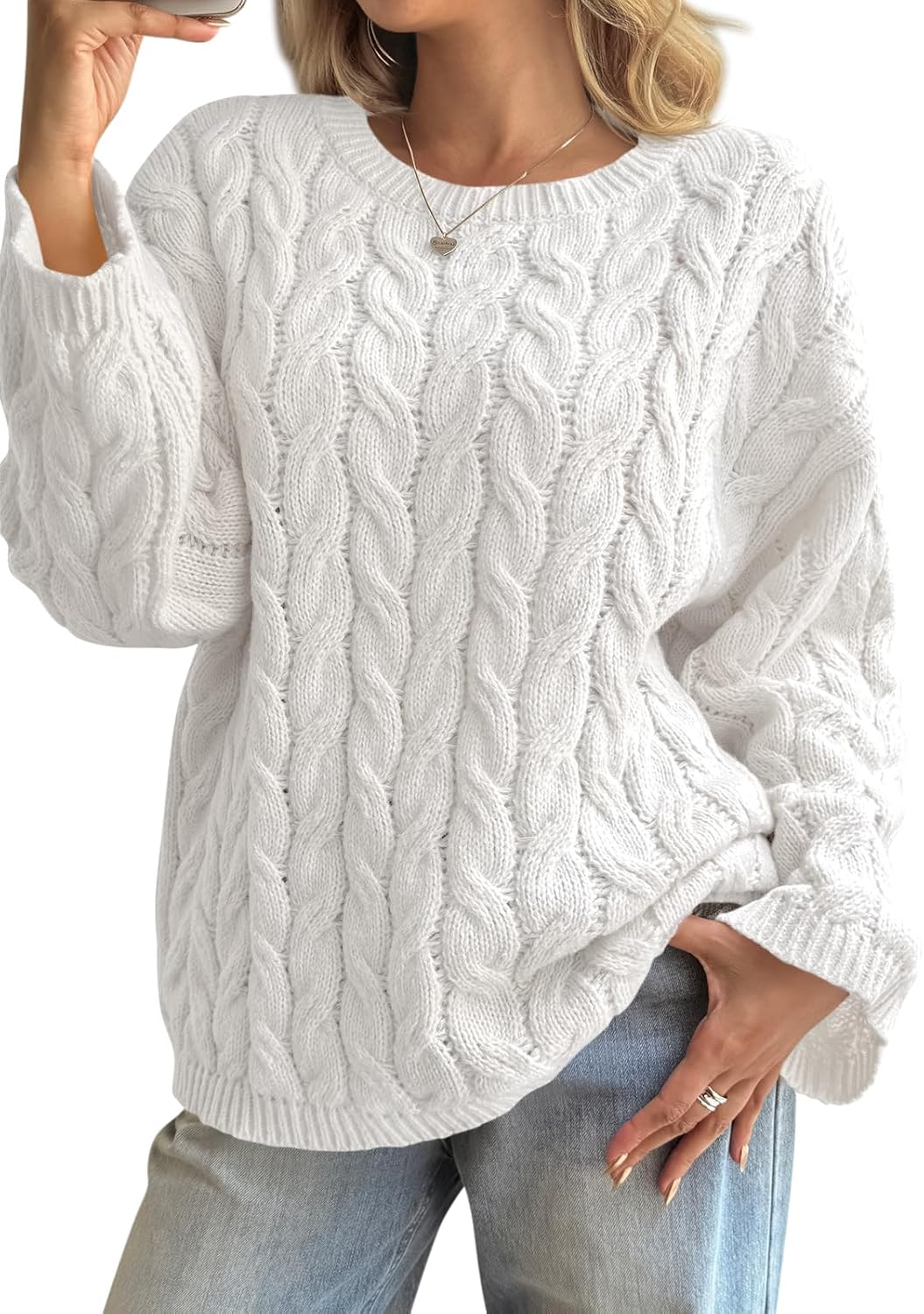 Cicy Bell Womens Oversized Cable Knit Sweaters Long Sleeve Crewneck Chunky Loose Fit Pullover Tops - Image 2