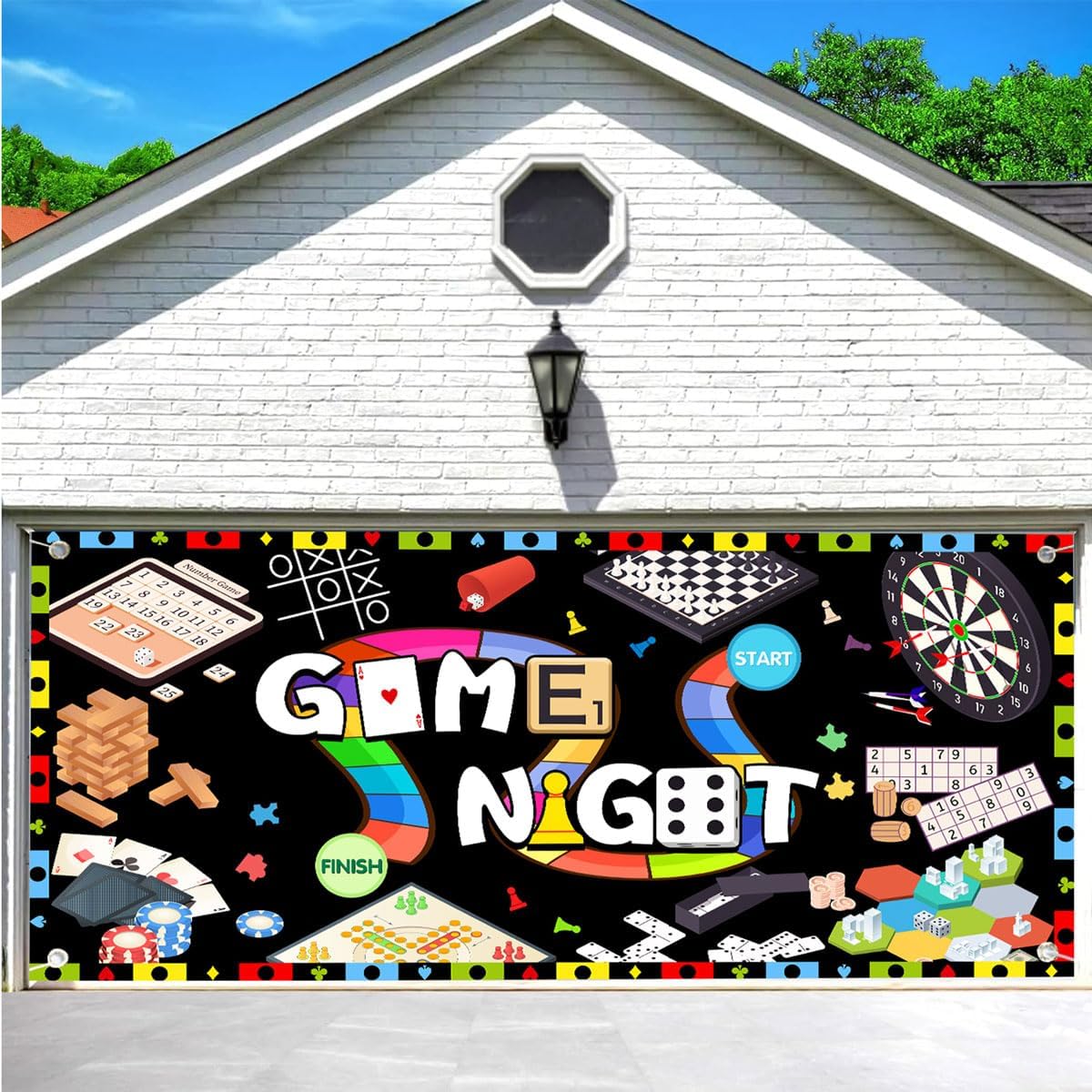 Game Night Garage Door Decorations Cover - Gaming Theme with Dice, Chess & Cards, Boys/Adults Garage Buddy Background, Casino Night Gamer Birthday Party Decor 16X7FT