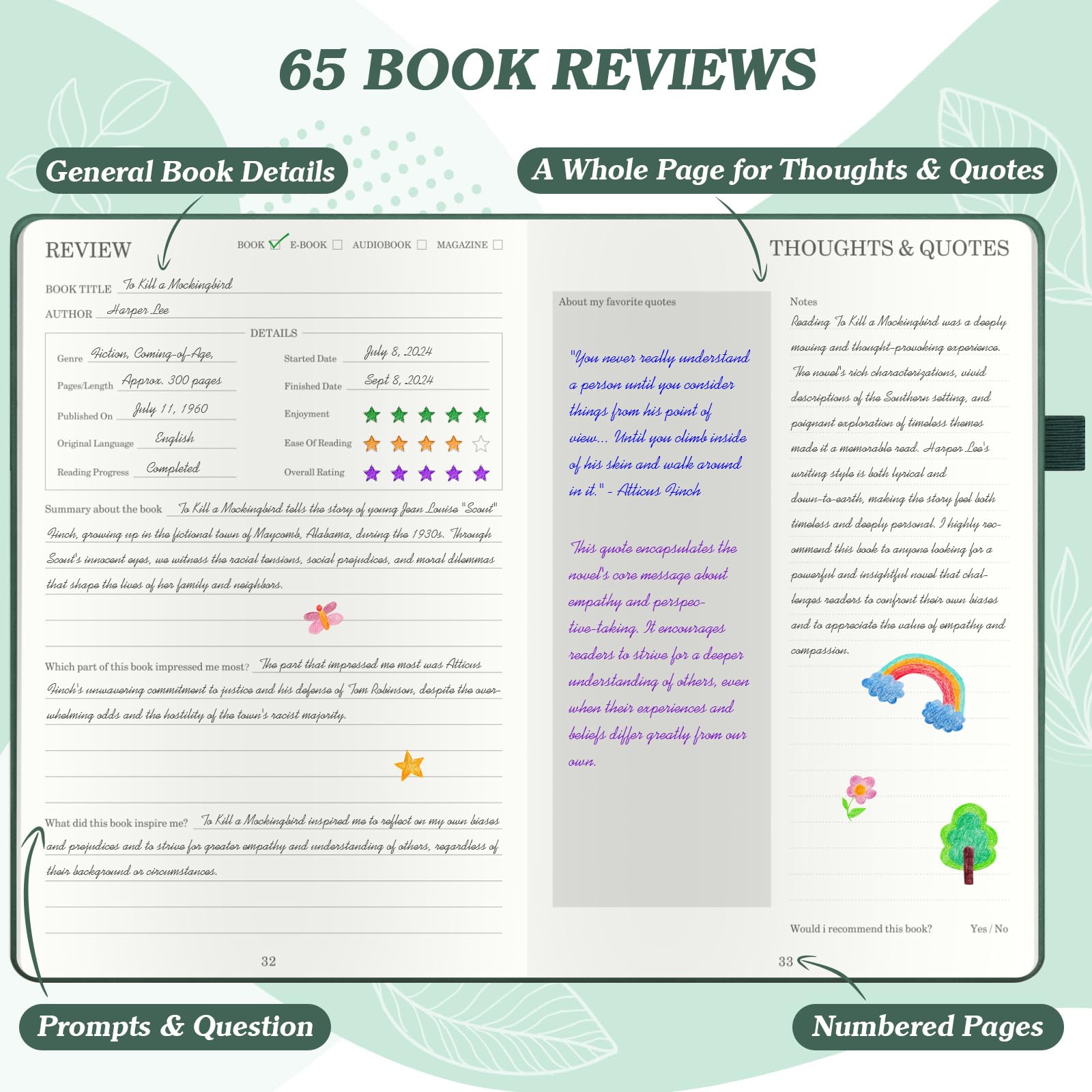 Reading Journal for Book Lovers - 65 Book Reviews, Multicolor Pen, A5 Green - Image 2