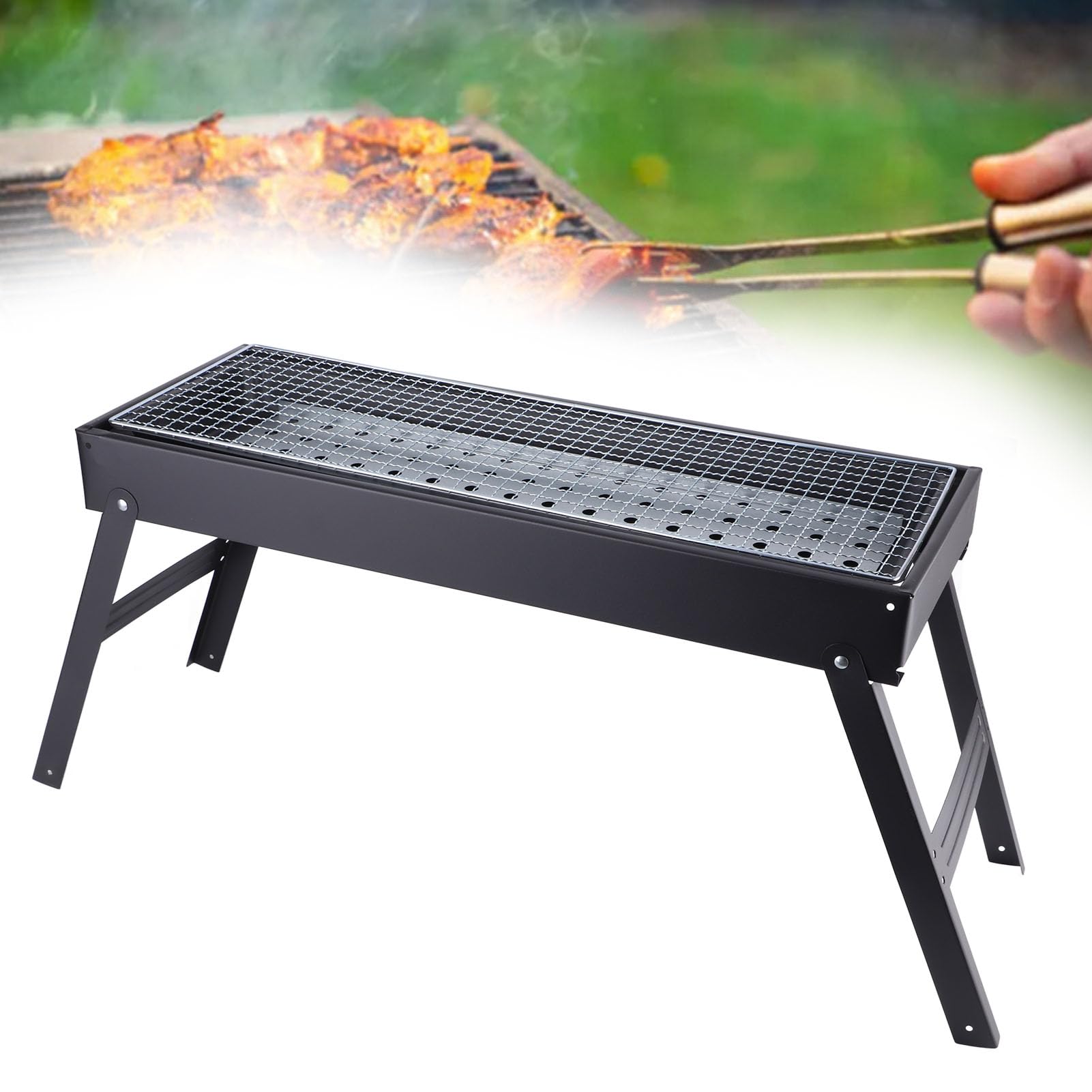 Przenośny grill węglowy |Kompaktowy składany grill na kemping/piknik/na zewnątrz |Duża powierzchnia do grillowania i konstrukcja z wieloma otworami wentylacyjnymi |Solidne