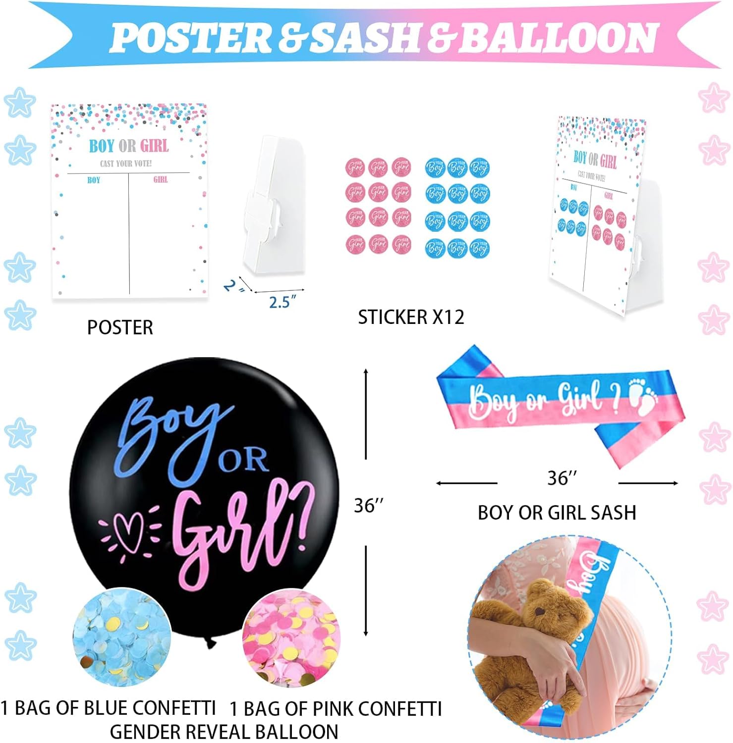 Hombae Burnouts or Bows Gender Reveal Decorations Kit - 171 Pcs Boy or Girl Gender Reveal Party Supplies with Backdrop, Balloons & Confetti for Baby Shower