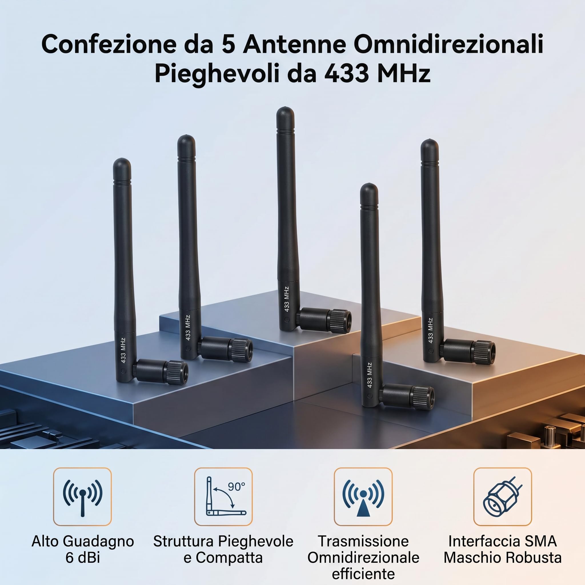 Antenna 5 Pezzi, Connettore Maschio SMA 423-433 MHz, Omnidirezionale per Comunicazione Wireless