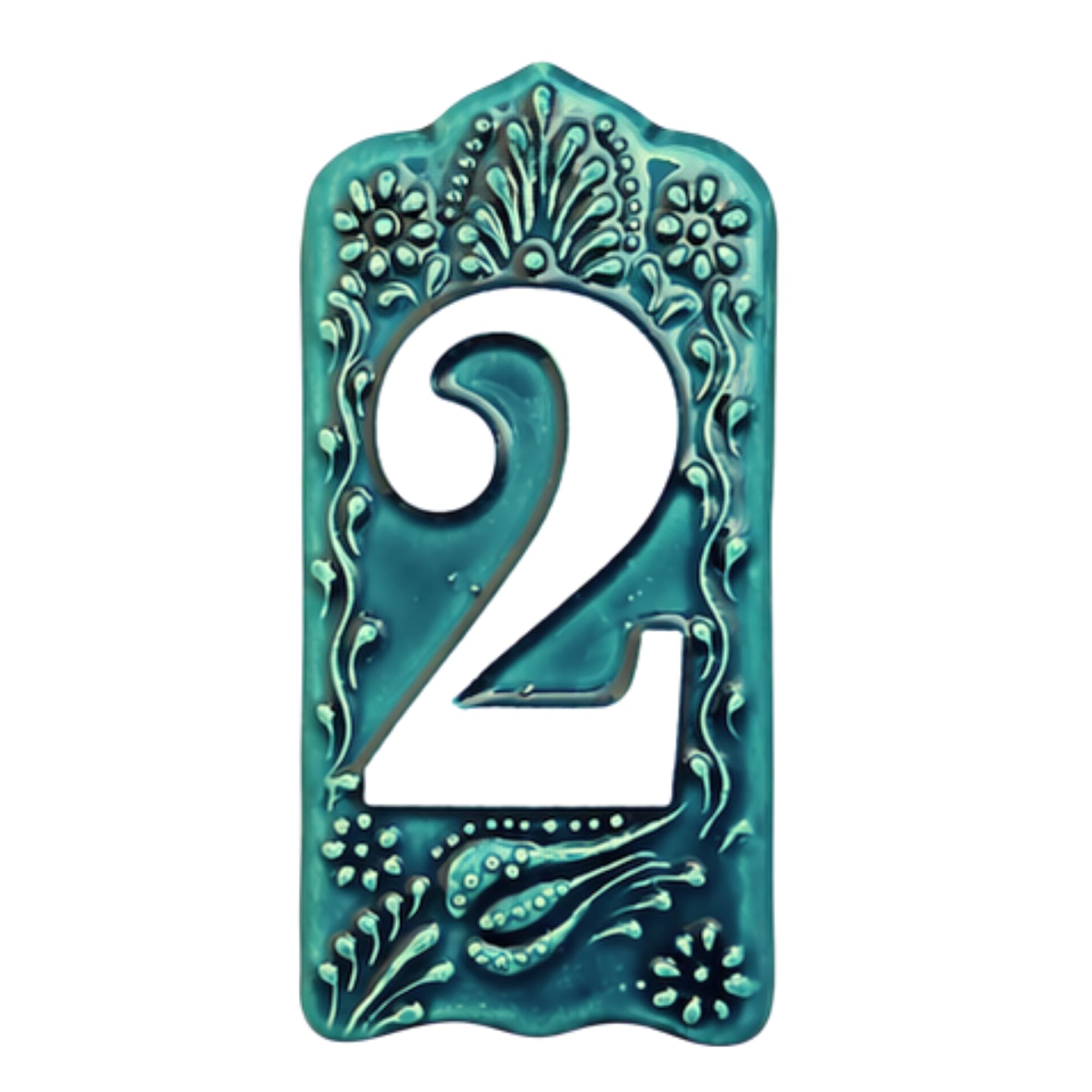Ceramic House Number Tile – Custom Outdoor Address Sign – Turkish Iznik Art – Weatherproof Door Decor – 0 to 9 Digits (Green, 2)