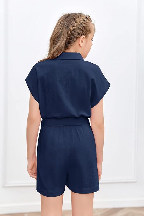 Mafulus Girls Cute Romper Button Down Belted Jumpsuit Wide Leg Short Summer Outfits with Pockets 3-14T