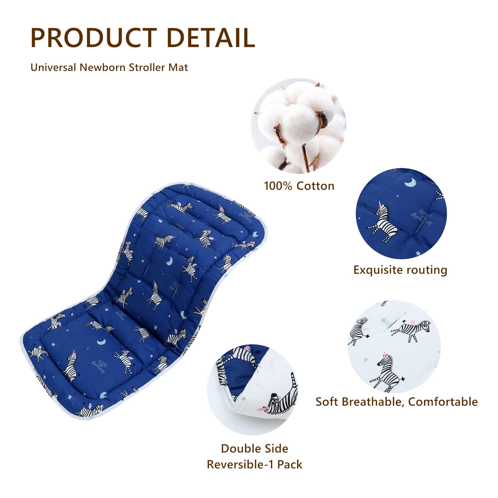 Baby Pushchair Seat Liners,Pram Liner Universal Fit for Most Pushchairs,100% Cotton Double-Sided Baby Stroller Cushion Pad,Stroller Seat Cover for Toddler Infant 1 Pack,78x34cm(Navy Blue+White Zebra) - Image 4