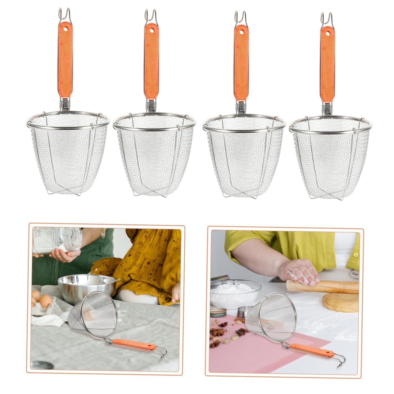 LABRIMP Colador de Acero Inoxidable para Fideos y Pasta con Mango de Madera de 14 Cm, Cesta Escurridora Resistente y Ligera, Utensilio de Cocina Adecuado para Cocción y Escurrido, Juego