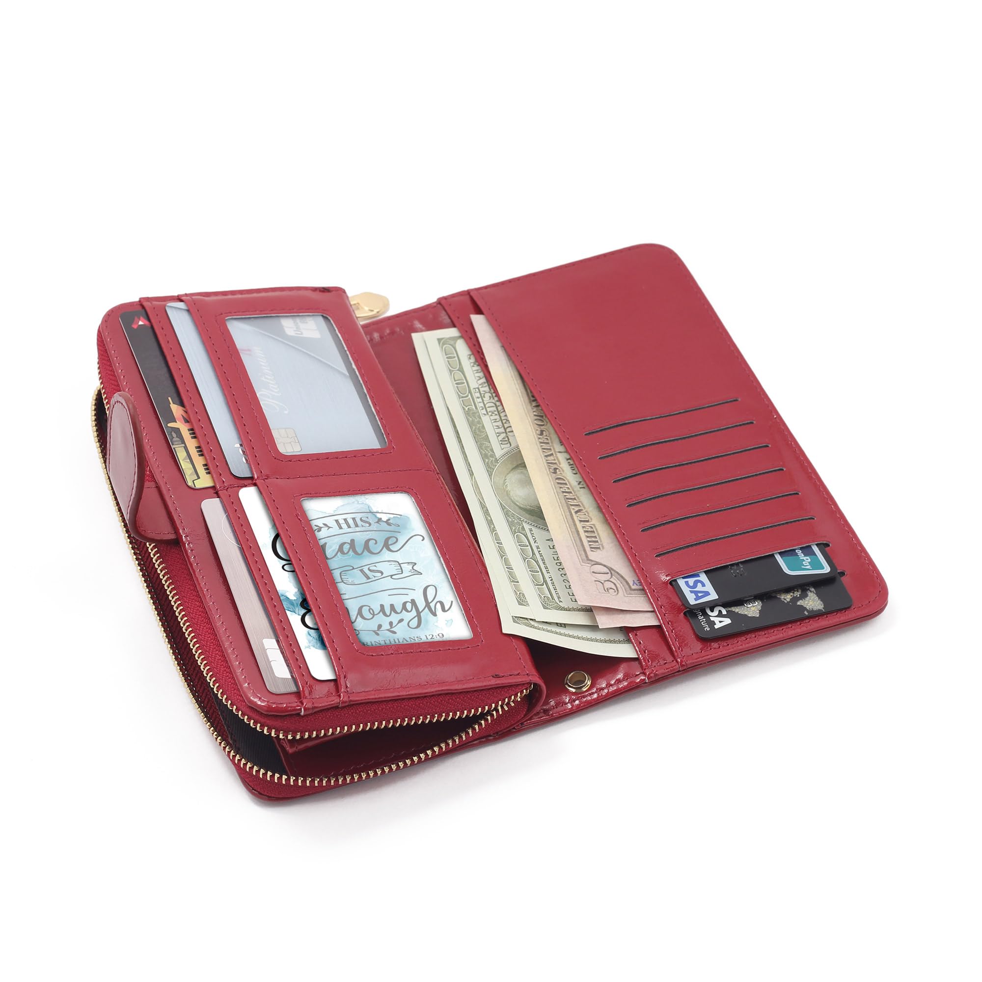 TREE OF LIFE REV. 22:14 Women's Red Leather Wristlet Wallet: Compact Bifold Wristlet with Phone Pocket, Zipper Pouch & Scripture Card