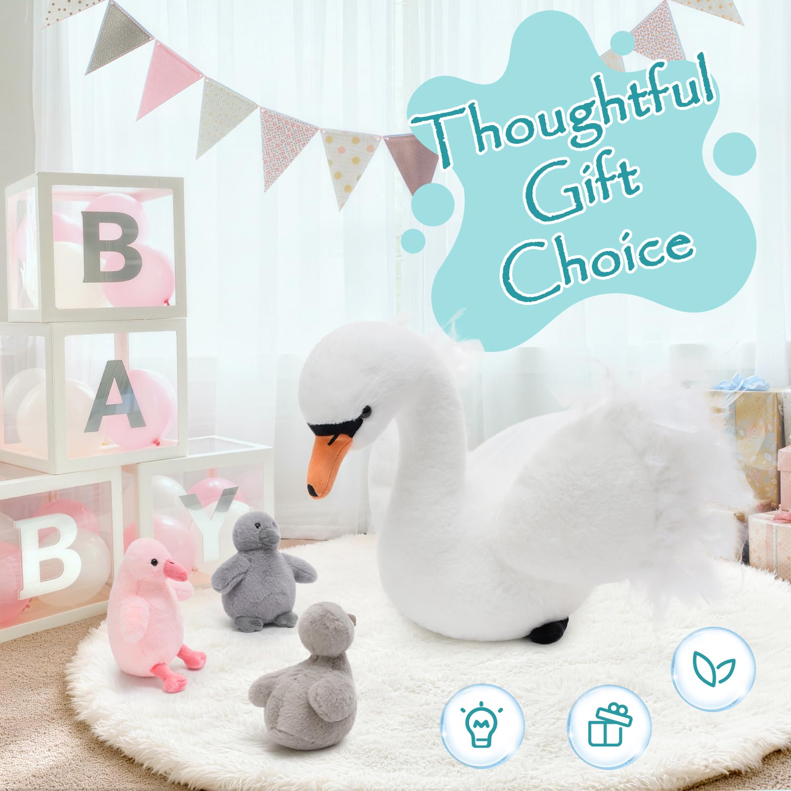 MorisMos Big Swan Teddy Soft Toy, 40cm Cuddly Fluffy Mommy with 3 Babies Inside, Plush Stuffed Animal Teddy Gift for Kids Birthday Deco - 5