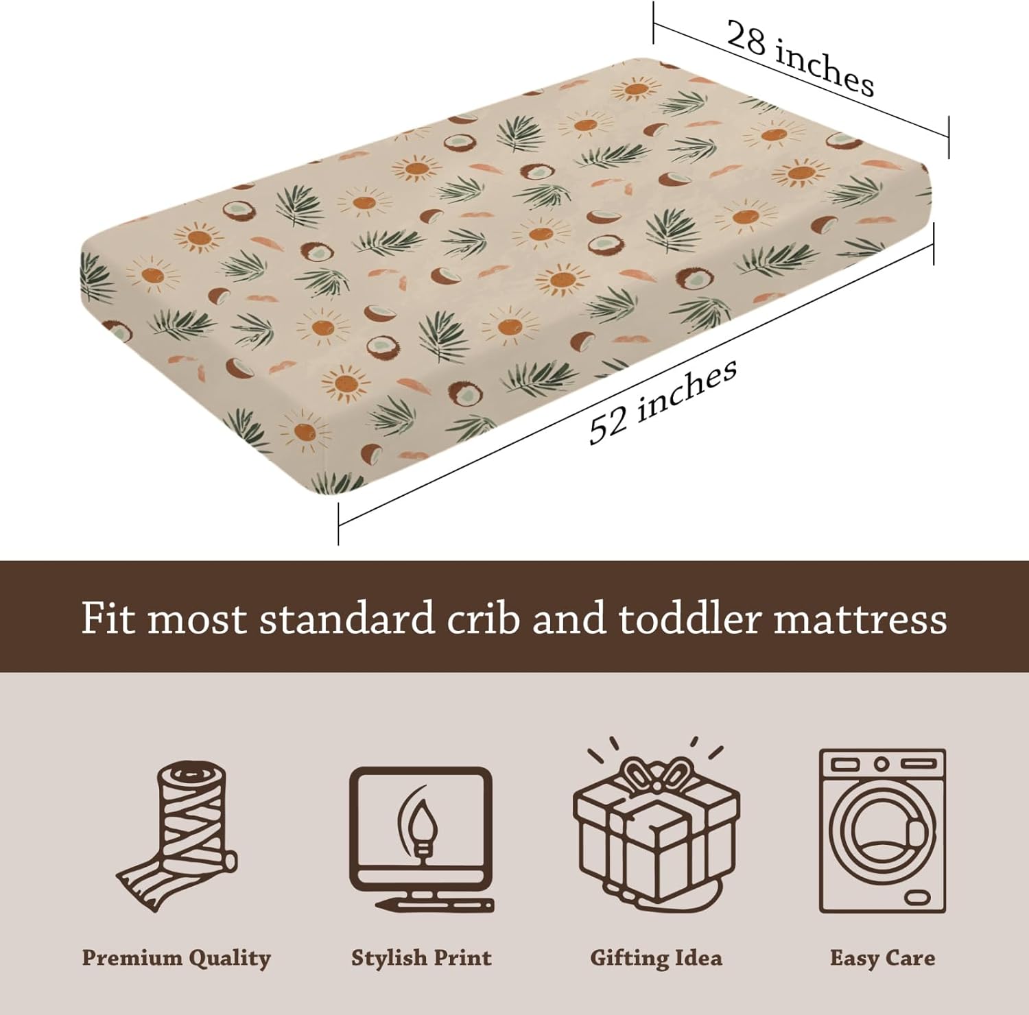 Summer Palm Coconut Sun Leaves Pattern Baby Sheets for Crib, Unisex Summer Theme Nursery Fitted Bed Sheet for Boys Girls Standard Crib and Toddler Mattress-28x52