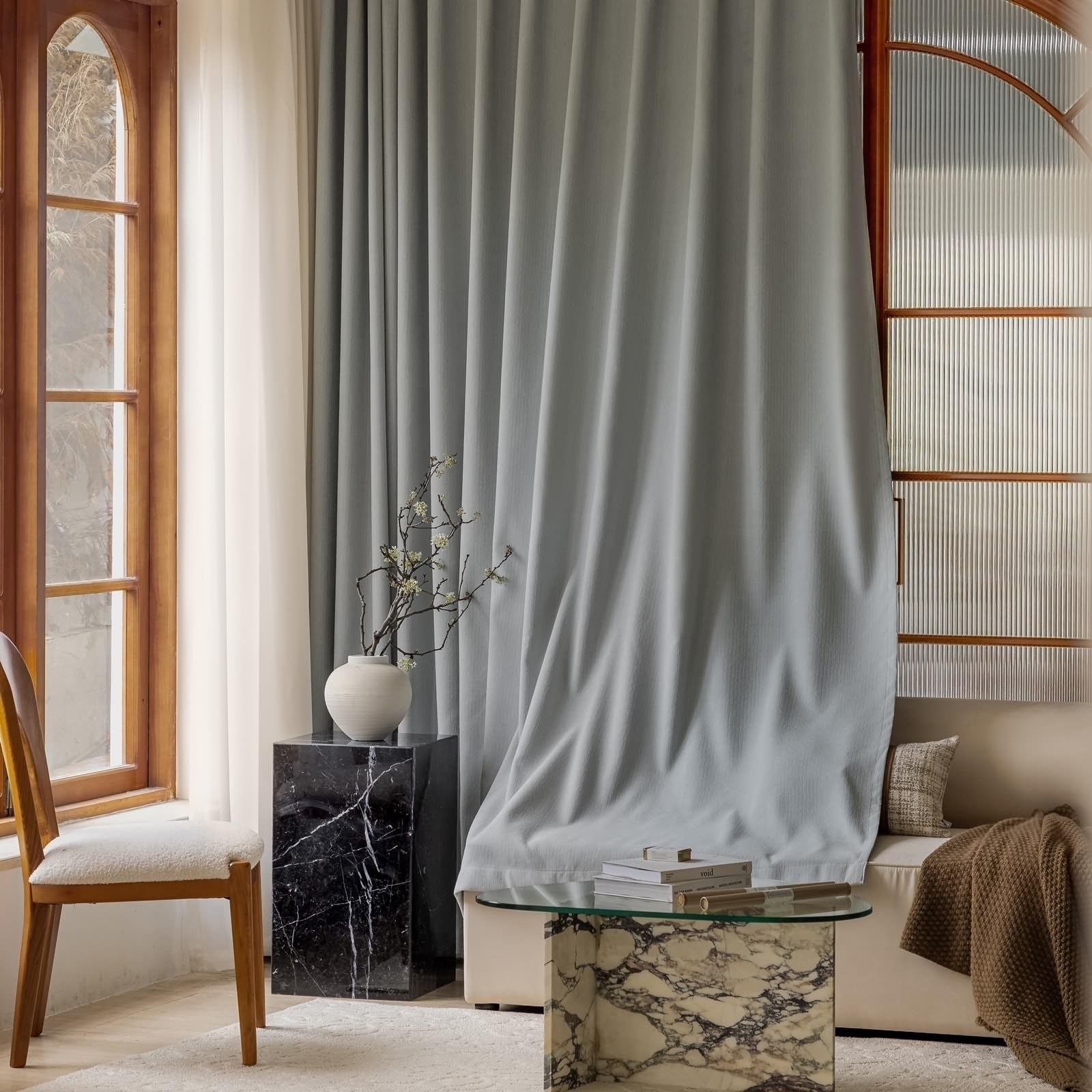 Rideaux de salon anti-UV en chenille grise pour filtrer la lumière