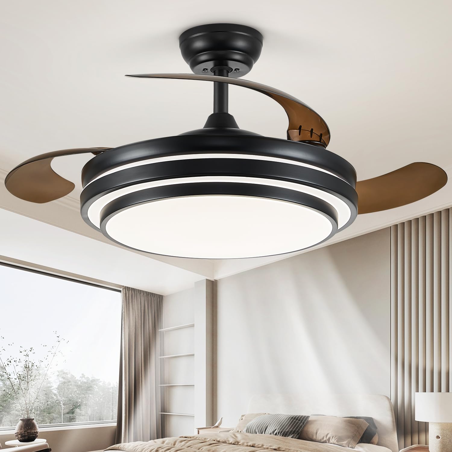 FIDGRA 48 Inch Fandelier Ceiling Fan with Light, Retractable Ceiling Fan with Lights for Bedroom Living Room Dinning Room, Chandelier with Fan 6 Speed