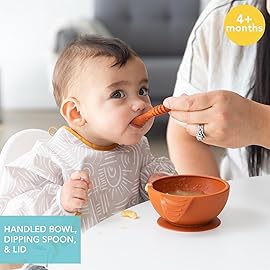 Bumkins Feeding Set with Suction, Includes Spoon and Lid, Training Essentials for Baby-Led Weaning, Toddler Self-Feeding, Babies Eating at 4 Mos Up, Clay