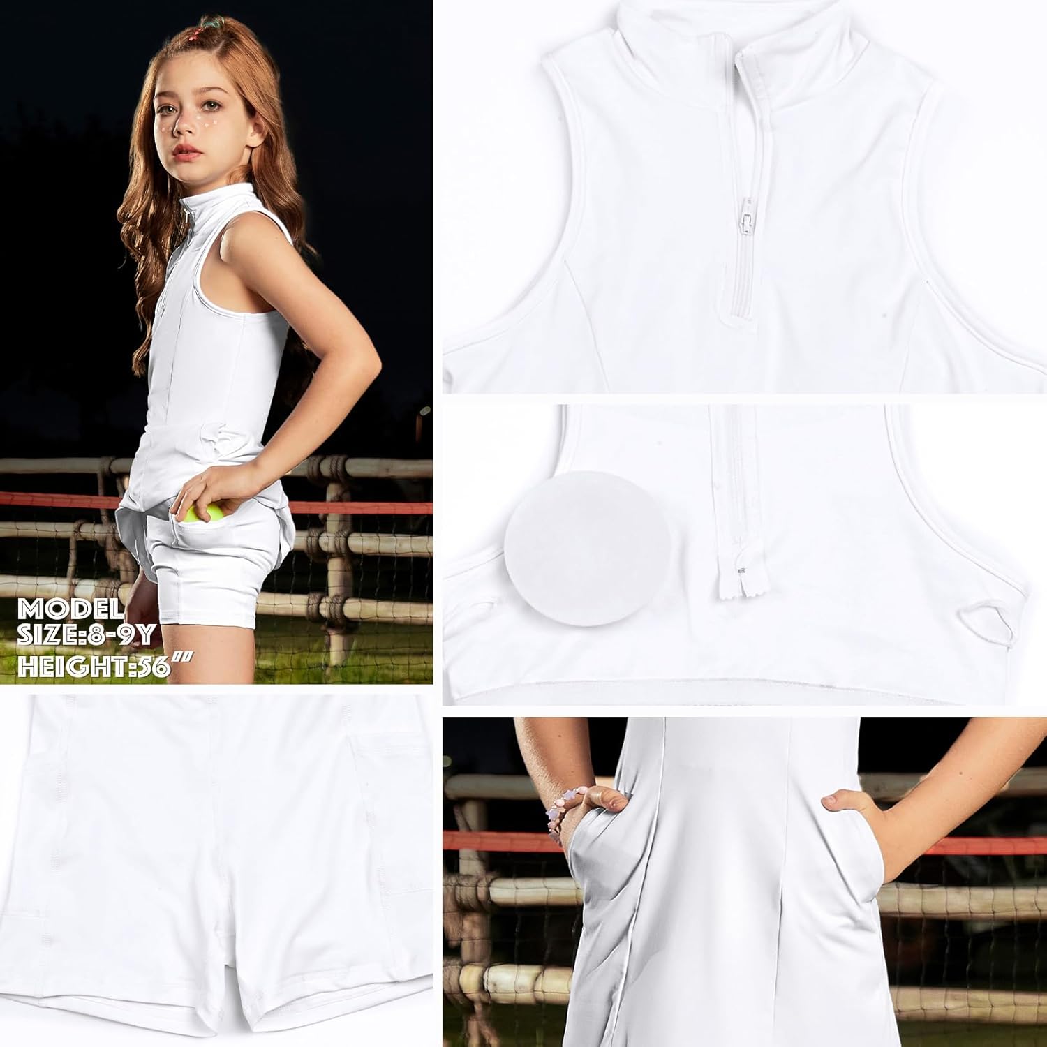 Perfashion Girls Tennis Dress 1/4 Zip Golf Outfit Built-in Bra & Shorts Pickleball Athletic Dress Workout Pockets 4-13Y - Image 4