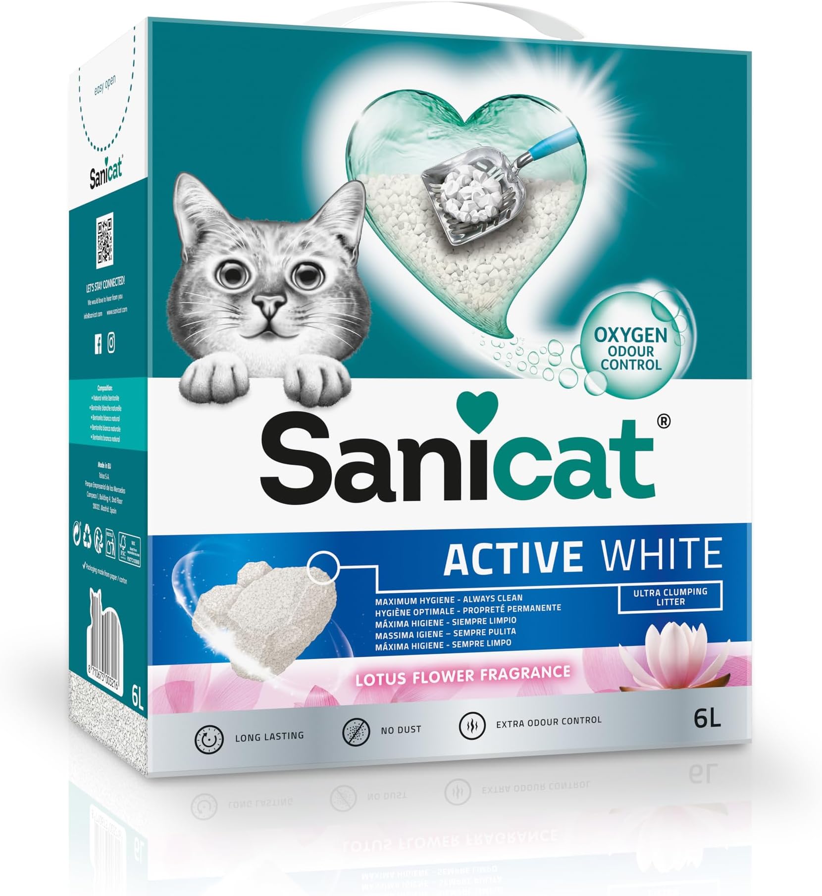 Sanicat - Active White Lotus Flower Clumping Cat Litter | Made of natural minerals with guaranteed odour control | Absorbs moisture and makes cleaning easier | 6 L capacity
