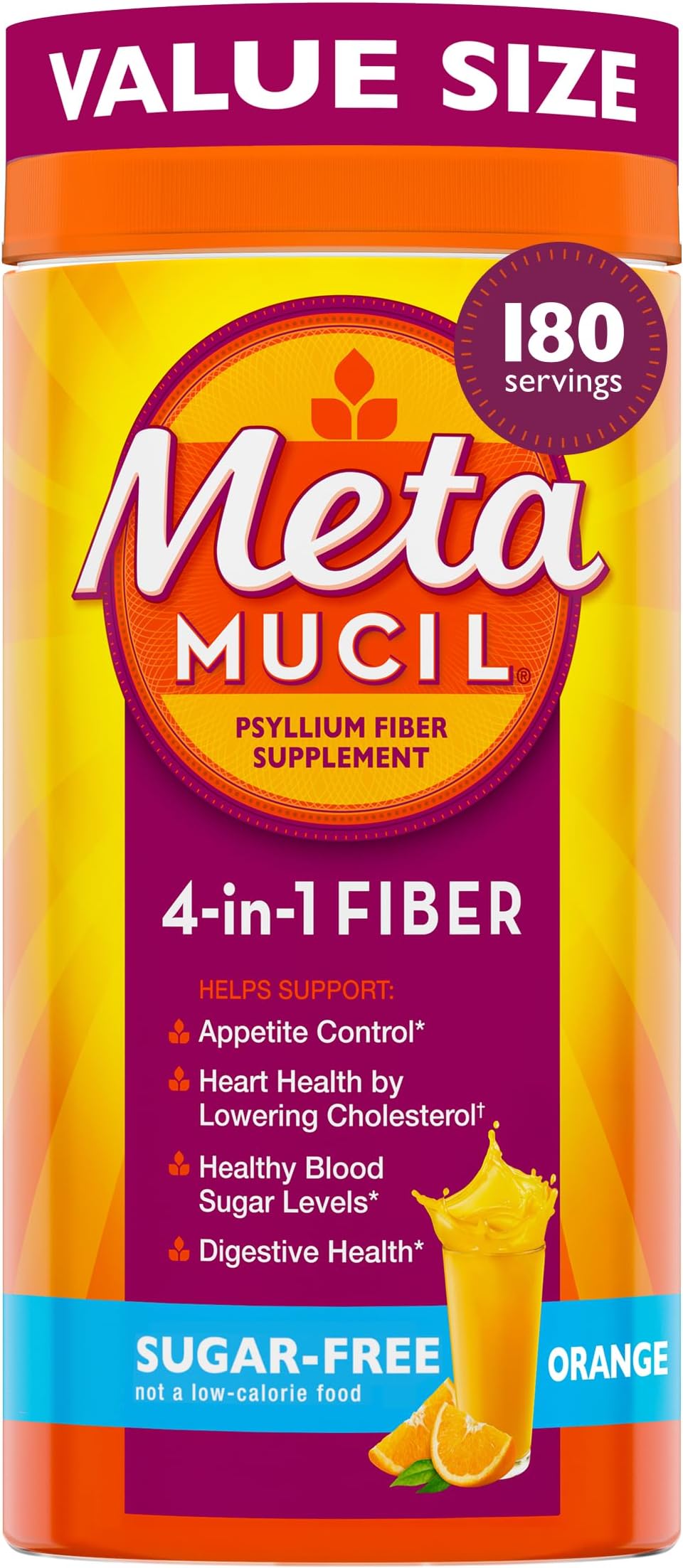 4-in-1 Psyllium Husk GLP-1 Friendly Fiber Supplement, Sugar-Free, 180 teaspoons, Orange Flavored, Daily Fiber Powder for Digestive Health, made with Plant-Based Psyllium Husk Fiber