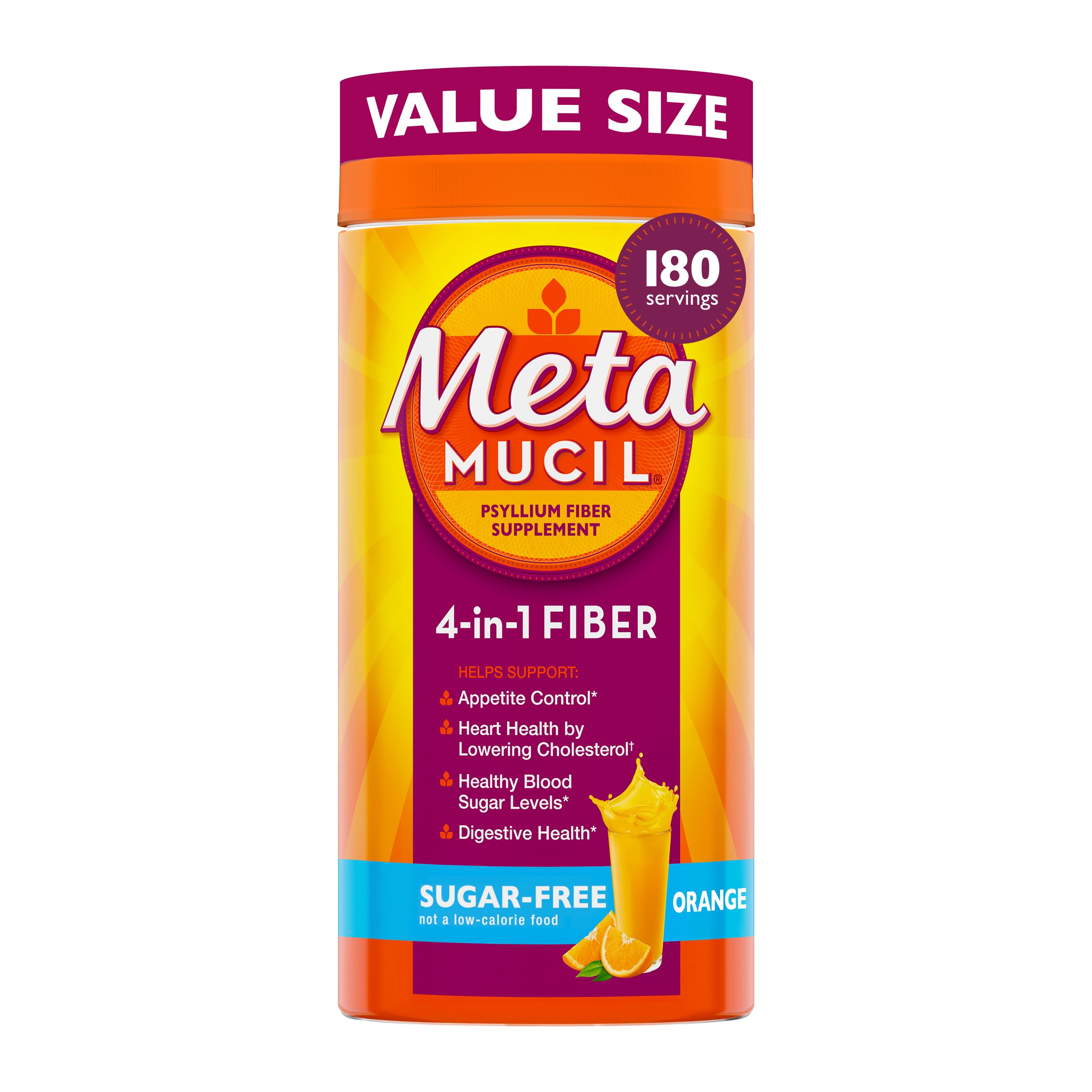 Metamucil 4-in-1 Psyllium Husk GLP-1 Friendly Fiber Supplement, Sugar-Free, 180 teaspoons, Orange Flavored, Daily Fiber Powder for Digestive Health, 