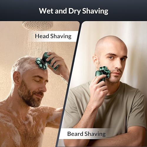 Vista 5 de Afeitadoras de cabeza para hombres calvos, maquinilla de afeitar eléctrica de arco 7D con cabeza magnética desmontable, impermeable, en seco y Verde