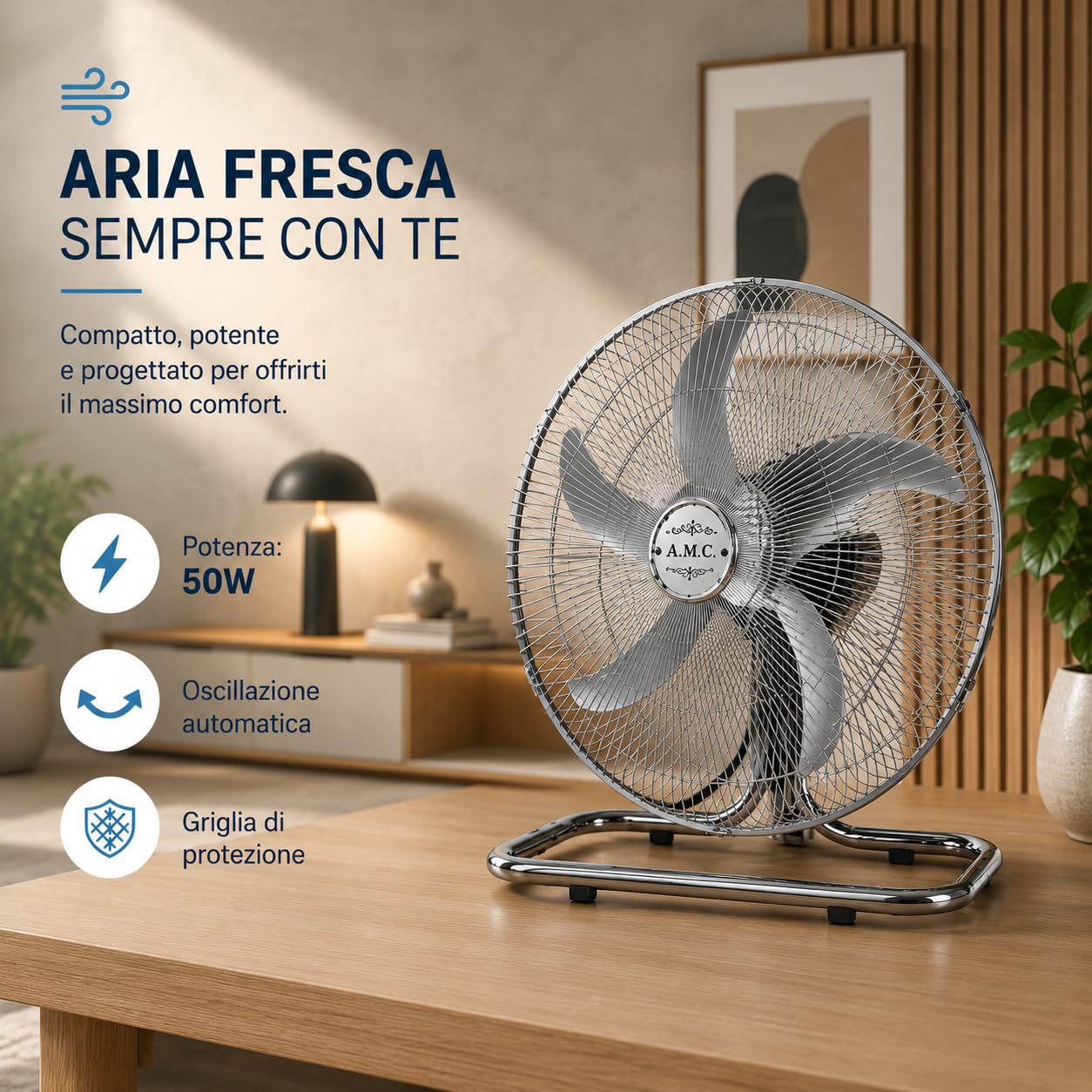 A.M.C. Ventilatore Manila 3 in 1 con Pale in Acciaio, Utilizzabile a Piantana Indipendente, Muro e Parete, Tavolo da Appoggio, Flusso d'Aria Potente, 3 Velocità Selezionabili, Silenzioso