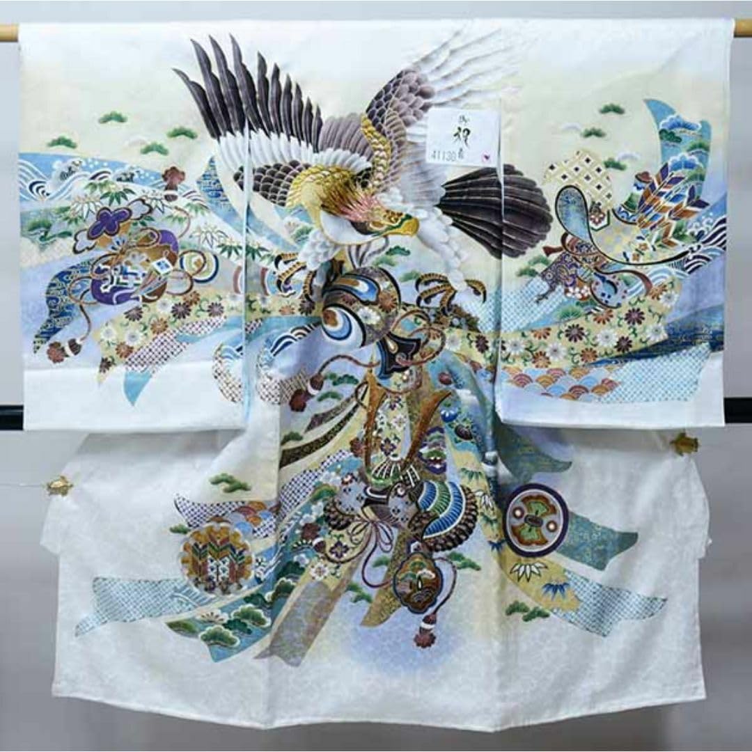 お宮参り 産着 のしめ 男児 正絹 豪華絢爛 金刺繍 グレー 鷹 NO39372