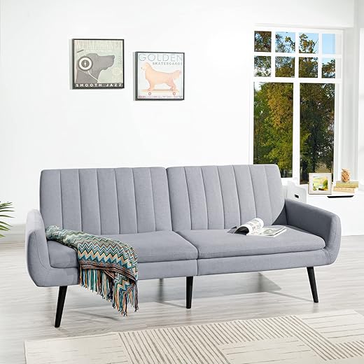 Naomi Home Raven Modern Futon Sofa Bed, Convertible Sofa Futon, Split Back Linen Sleeper Couch for Living Room, Mid Century Modern Couch Bed, Fold Out Couch Bed with Tapered Legs Light Gray