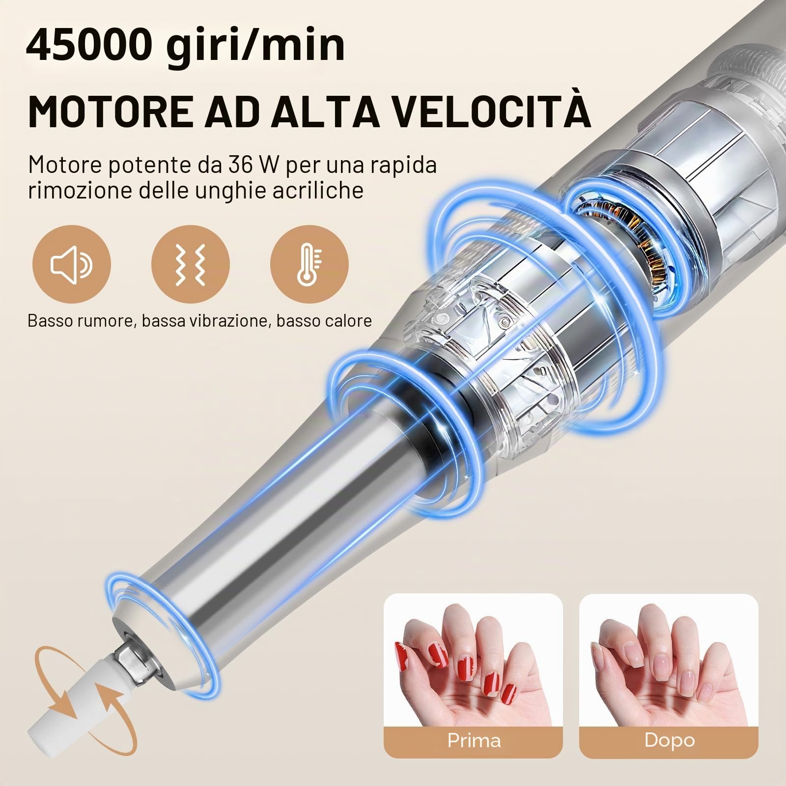 Fresa per Unghie Professionale 45000 giri,12 testine di levigatura,Display LCD touch control,Manopola in cristallo,Lima per unghie portatile per unghie in acrilico e gel (Bianco)