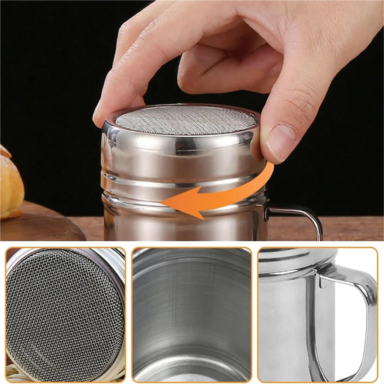 2 cocteleras de harina con Mango para Casa | Tamiz de recipiente de acero inoxidable for condimentos, harina de cacao, glaseado, azúcar en polvo, tamiz de café