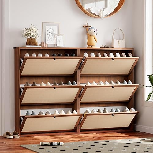 Vista 6 de Armario estrecho de almacenamiento de zapatos con 3 cajones abatibles, armario de madera para zapatos con cajón de puertas de lino, organizador