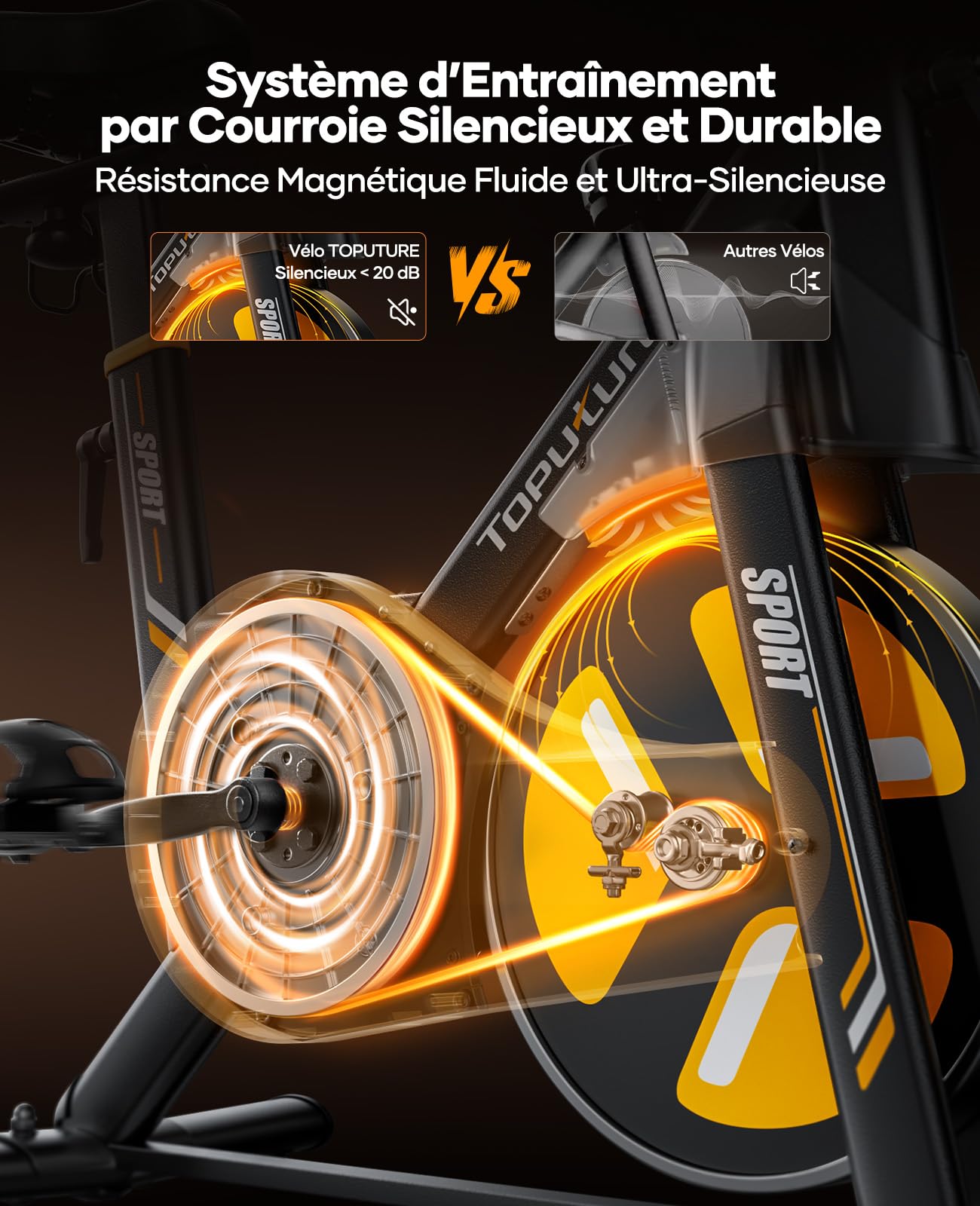 TOPUTURE Velo d Appartement, Vélo d'Appartement Silencieux avec Résistance Magnétique Électrique 32 Niveaux, Écran Tactile Haut de Gamme avec App et Capteur Cardiaque, Support Haltères, Capacité 150kg