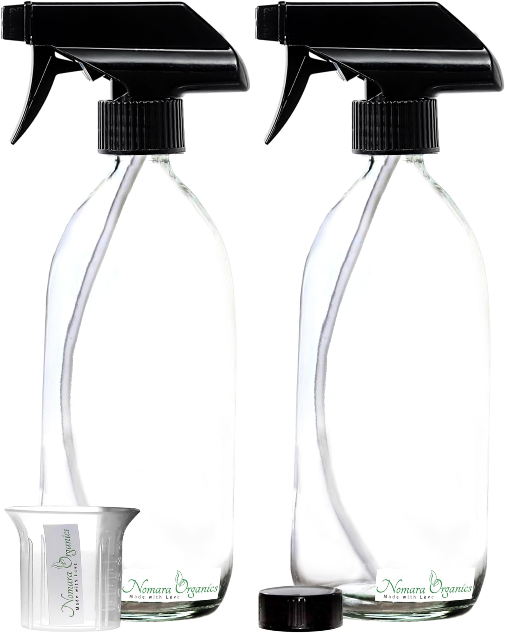 Nomara Organics Clear Glass Spray Bottles with Durable Pump– Set of 2 x 500mL, BPA-free, Refillable for Laundry, Ironing, Cleaning, Gardening and Watering Plants.