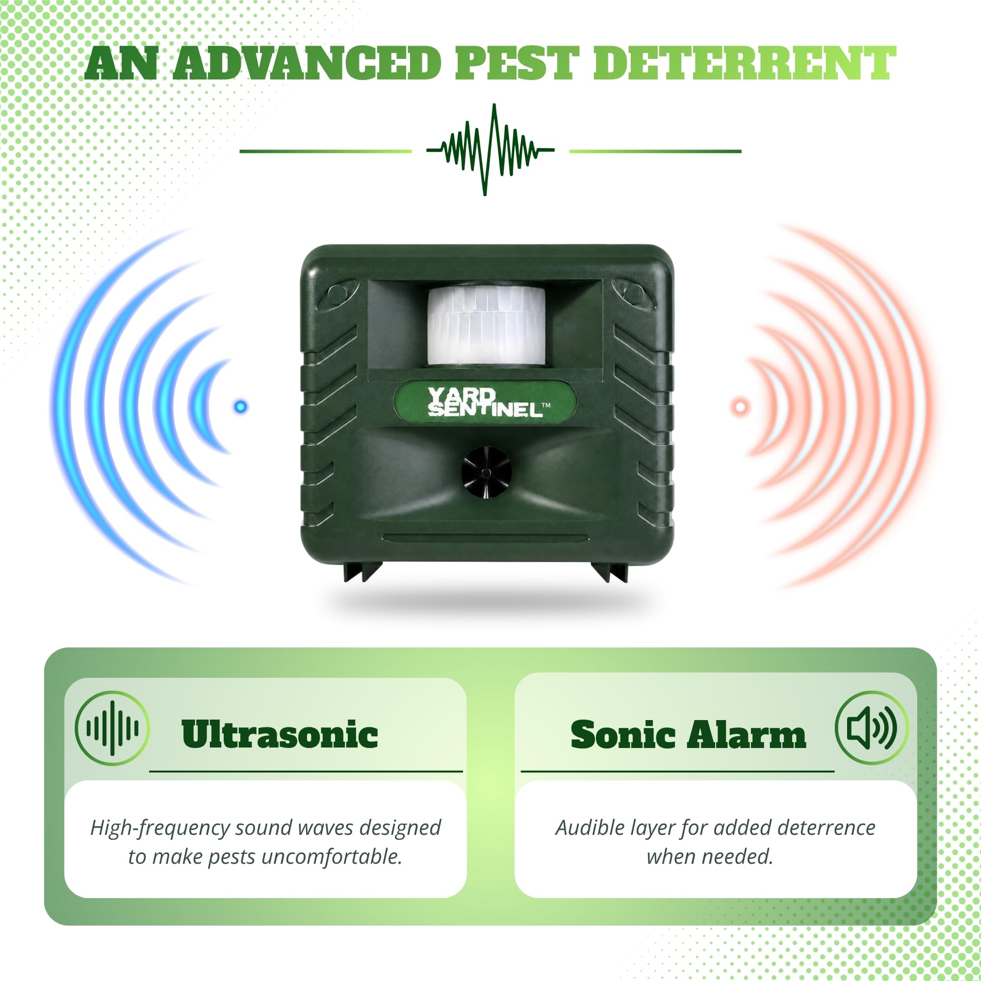 ASPECTEK Yard Sentinel Control ultrasónico de Animales, Repelente de plagas para Ratas, Ratones, Gatos, Perros y Ciervos con Sensor de Movimiento y Alarma antirrobo