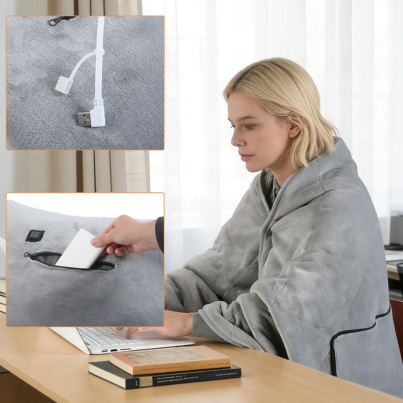 ideoon Heizdecke 135x180 cm aus Polarfleece mit Druckknöpfen, elektrische Wärmedecke mit 3 Stufen, auch als Heizkissen nutzbar, kuschelweiche Kuscheldecke