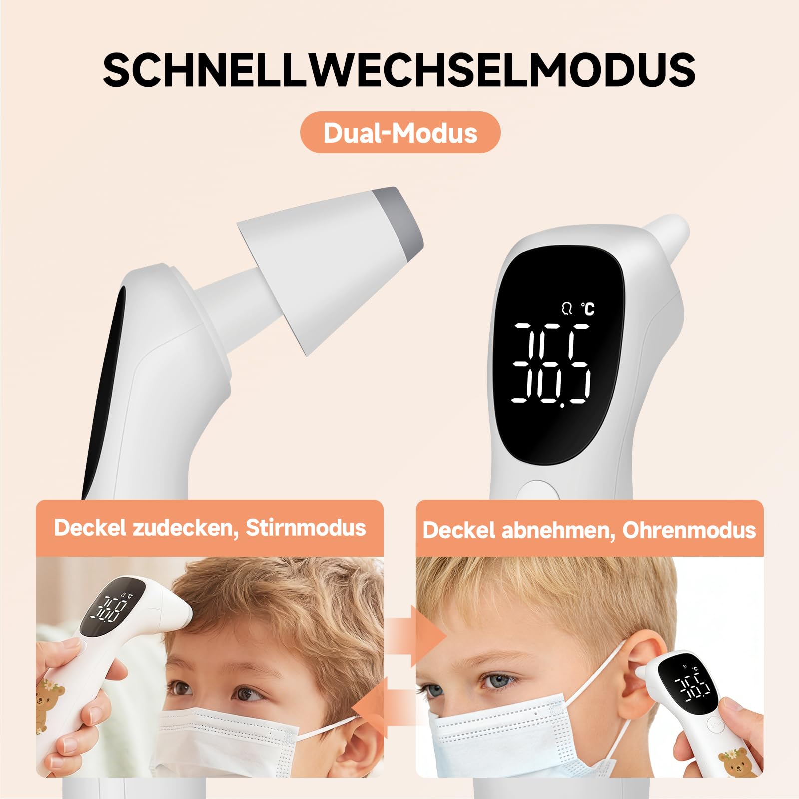 Einzigartiges handgezeichnetes Muster | Digitales berührungsloses Ohrthermometer - geeignet für Erwachsene und Babys, mit Memory-Funktion (Bärchen)