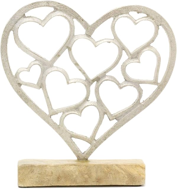 Carousel Home Elegant Silver Metal Love Heart Ornament | Silver Hearts On Wooden Base Sculpture | Anniversary Wedding Gifts