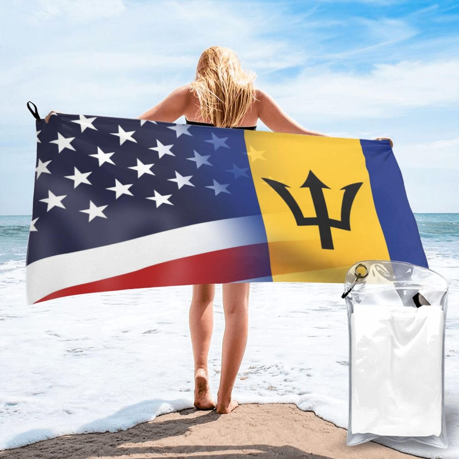HACXZ Funny America Flag and Barbados Flag Absorbent Beach Towel Microfiber Beach Shower Towel 27.5"X55"