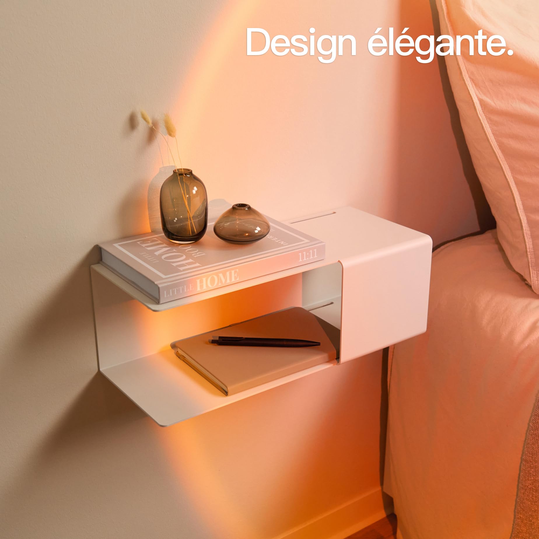 Design Hambourg Table de chevet murale en métal | Blanc | Table de chevet murale avec compartiment caché et passe-câbles | Compacte, moderne et facile à monter
