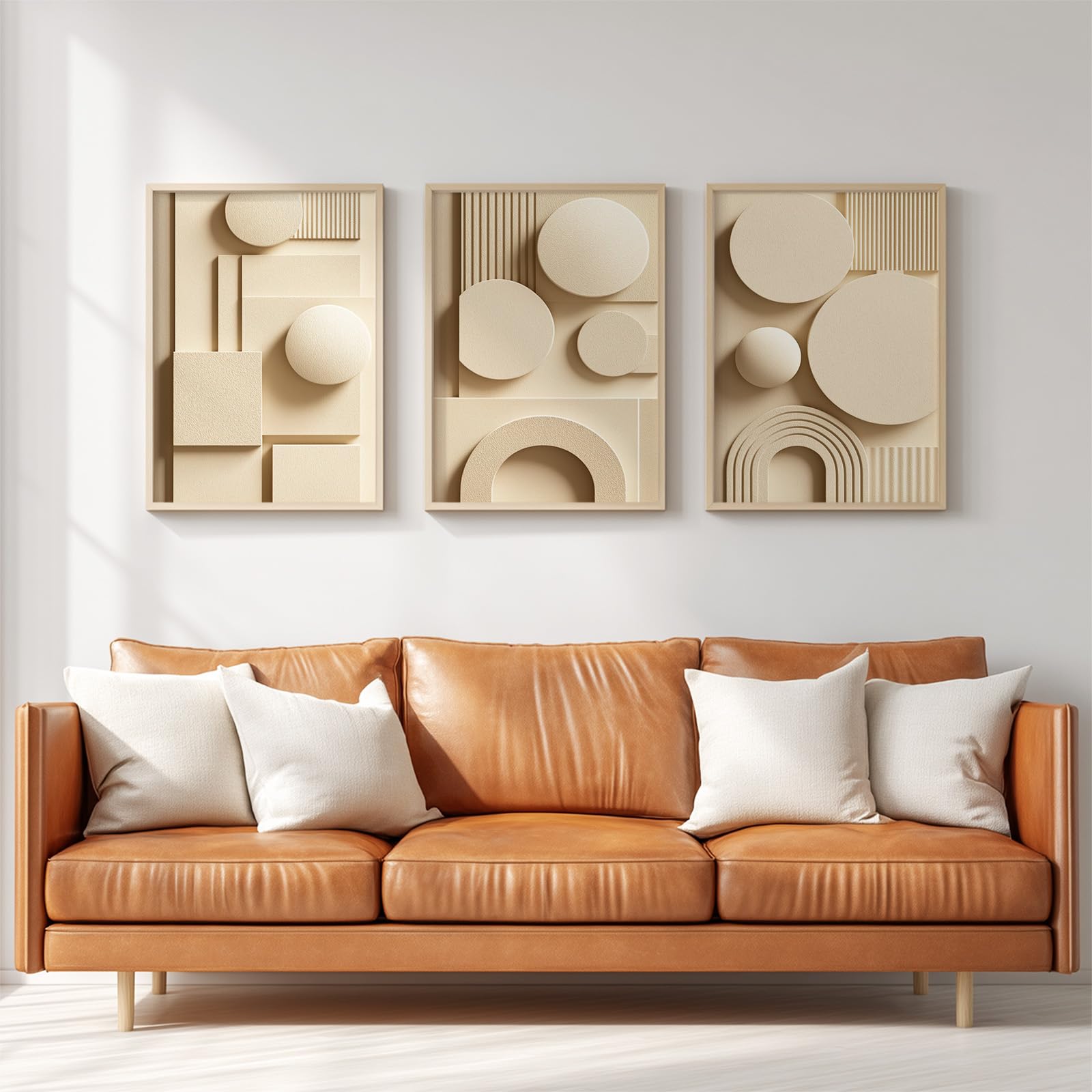 3 szt. Wydruk na płótnie, nowoczesna geometryczna dekoracja ścienna, relief beżowy okrągły plakat obrazy do salonu sypialnia dekoracja biurowa 40 x 50 cm