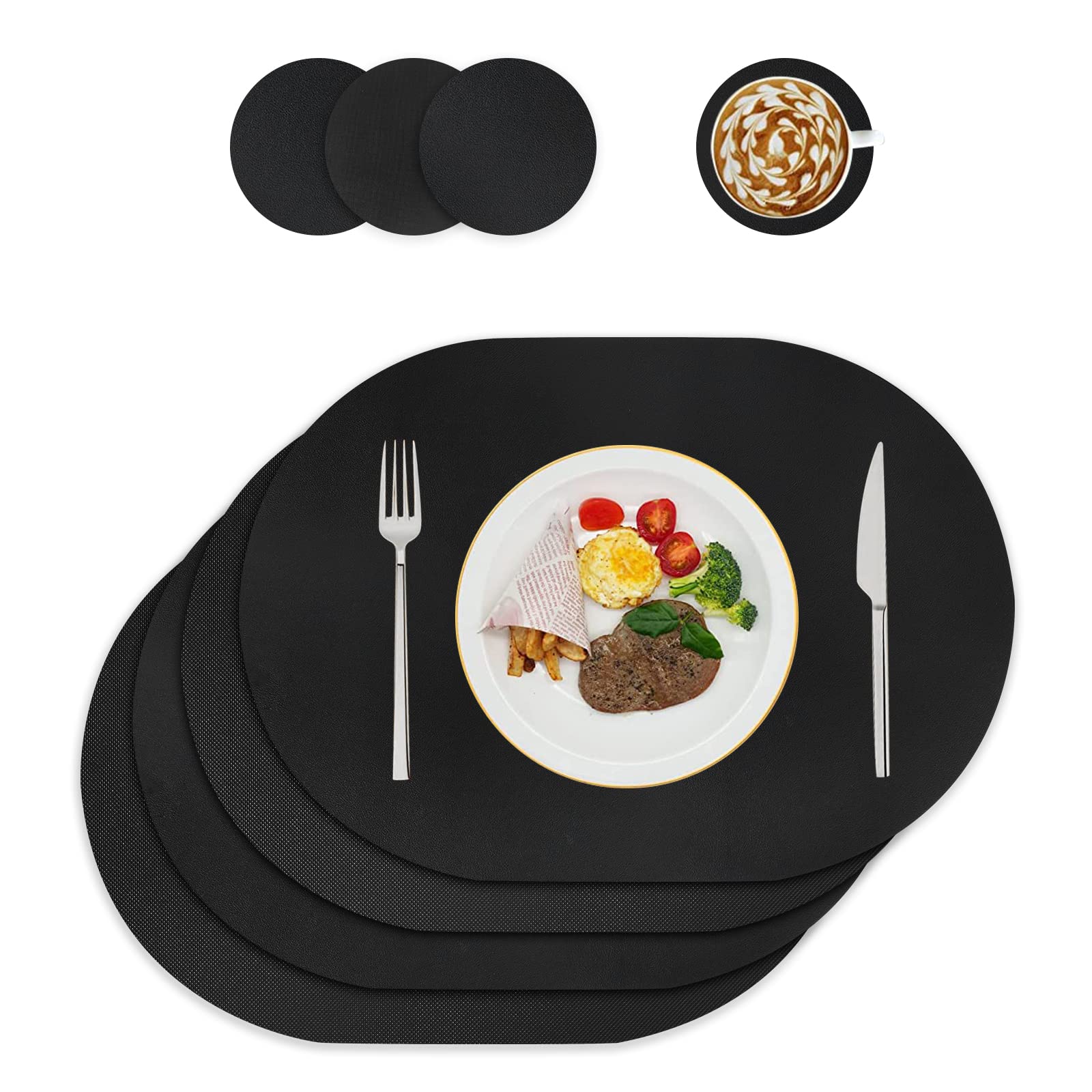 WAKOSAN Placemats and Coasters Made of Leather, Washable Place Mats, Washable, Table Decoration, Place Mat Washable Round